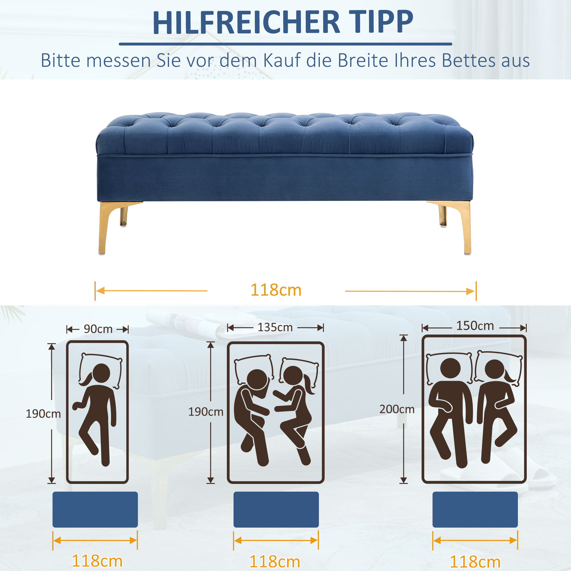 Diagramm, das die Abmessungen einer blauen Bank und Bettgrößen zeigt.