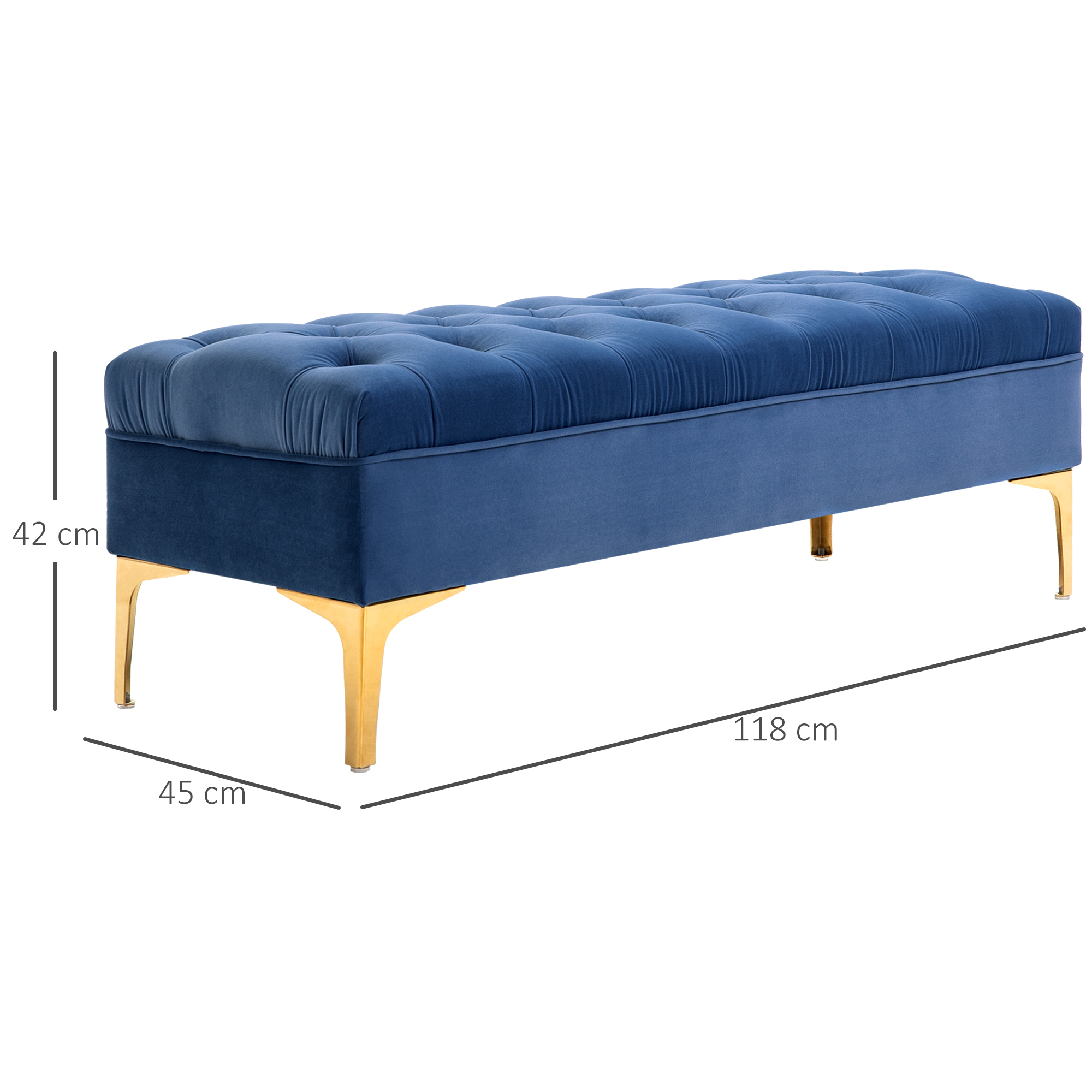 Blaue Samtbank mit goldenen Beinen, Abmessungen gezeigt. Sie ist 42 cm hoch.