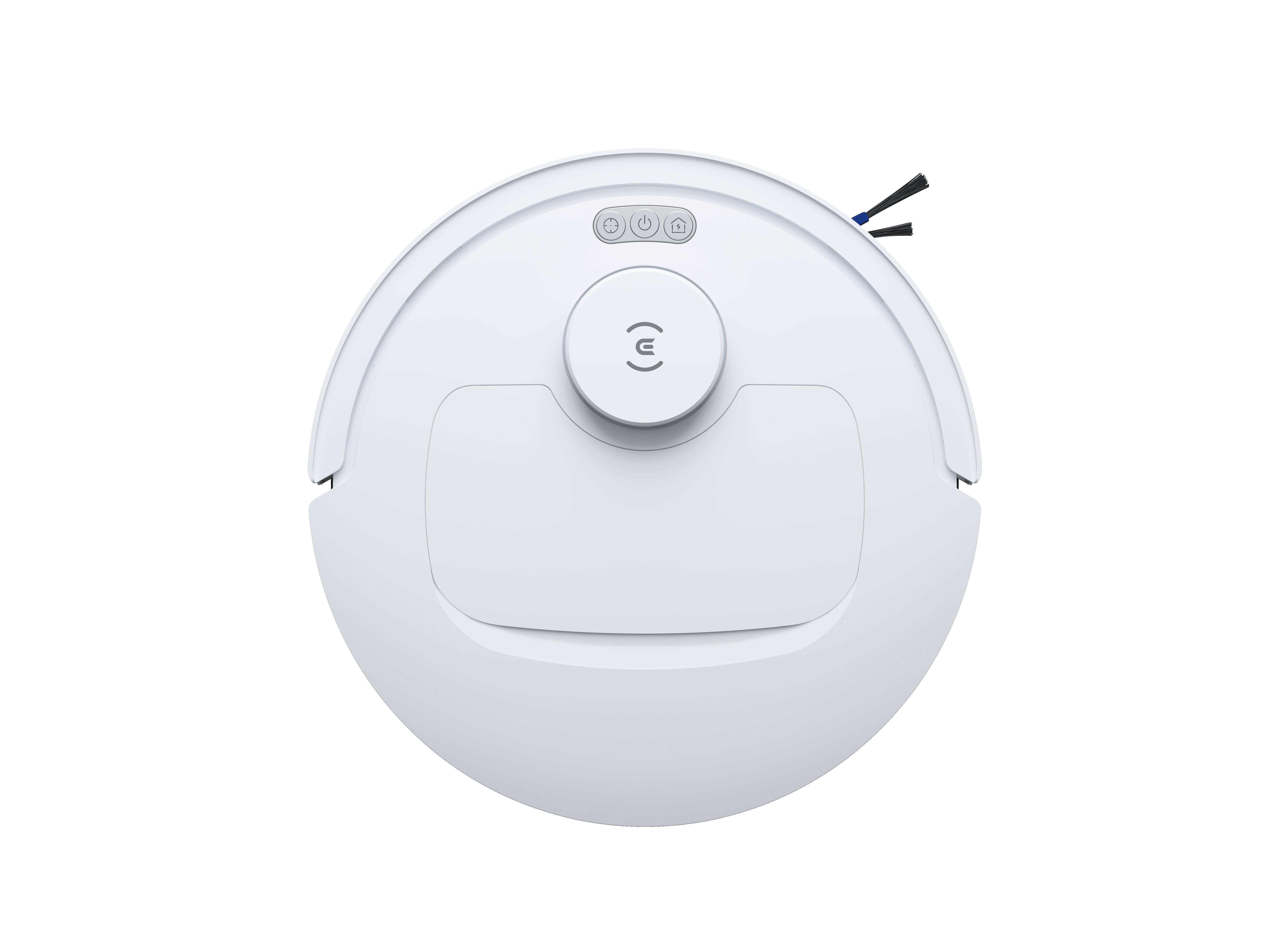 Een witte robotstofzuiger wordt van bovenaf getoond, met een paar knoppen. De achtergrond is zwart.