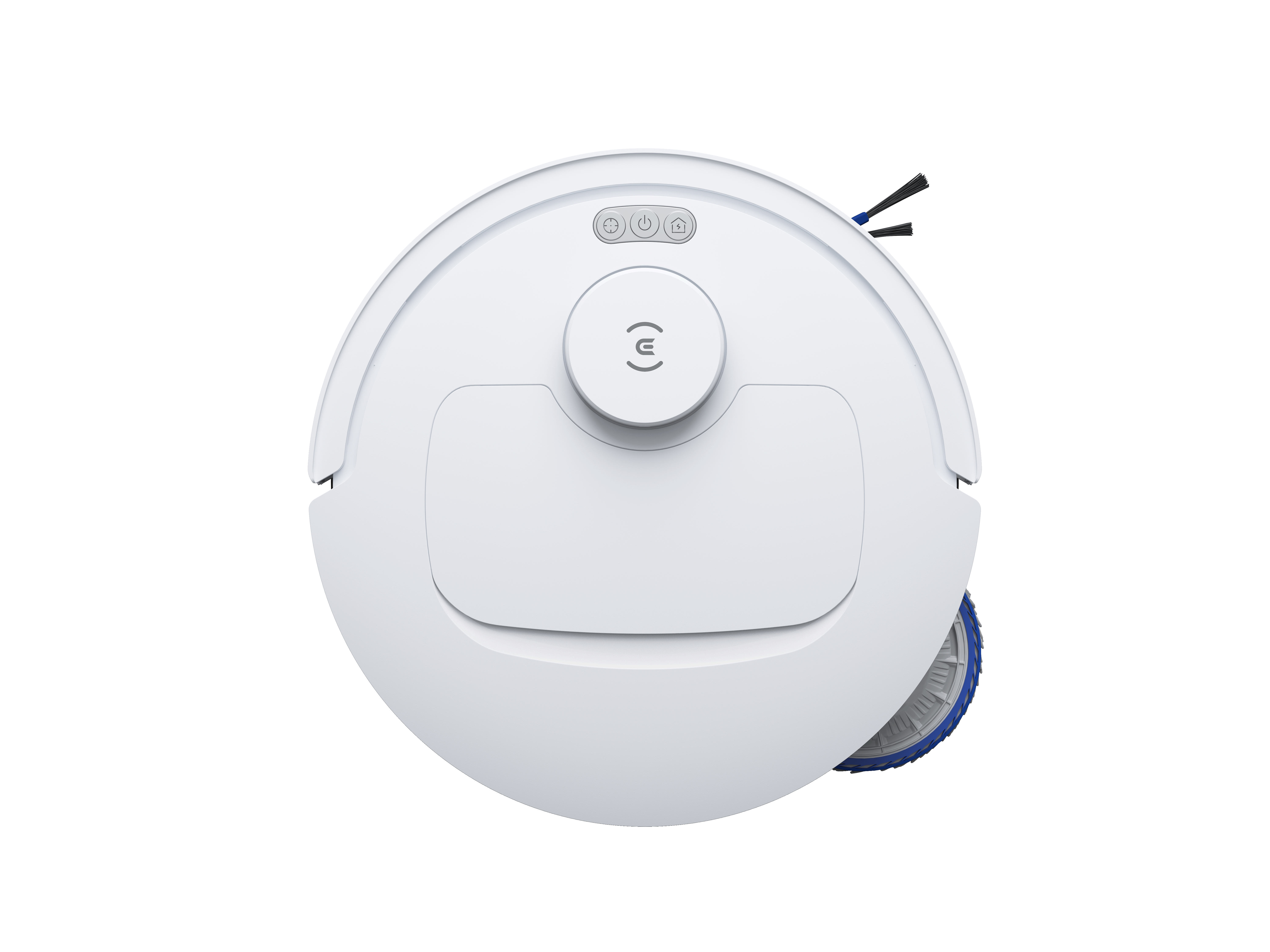 Witte robotstofzuiger, bovenaanzicht, met knoppen en borstel zichtbaar.