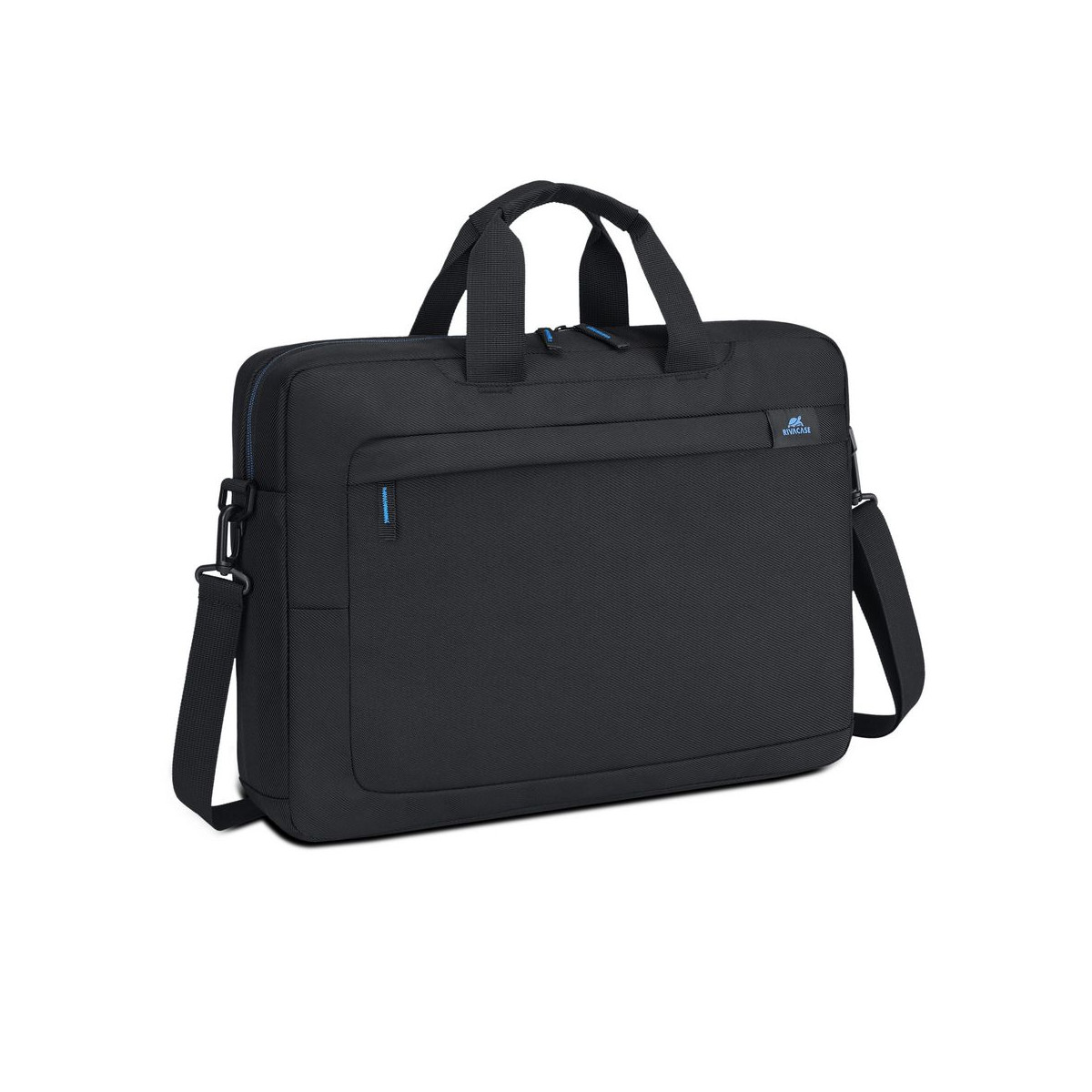 Schwarze Laptoptasche mit Griff und Schultergurt.