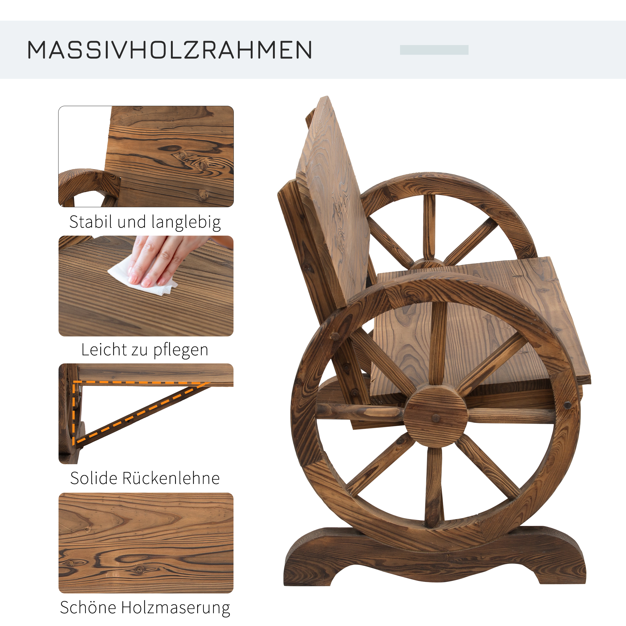 Holzbank mit Rädern. Sie steht vor einem weißen Hintergrund.