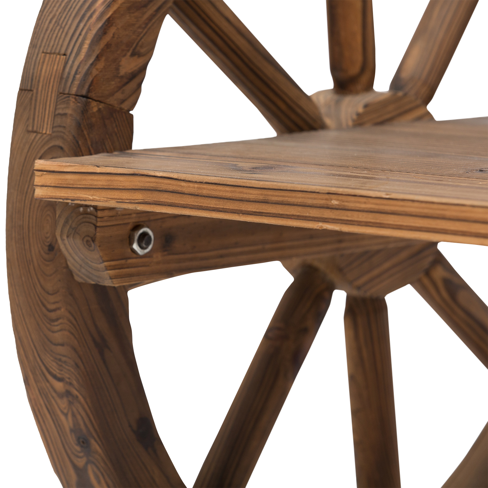Nahaufnahme der Holzbankseite mit Raddetail, braune Farbe.