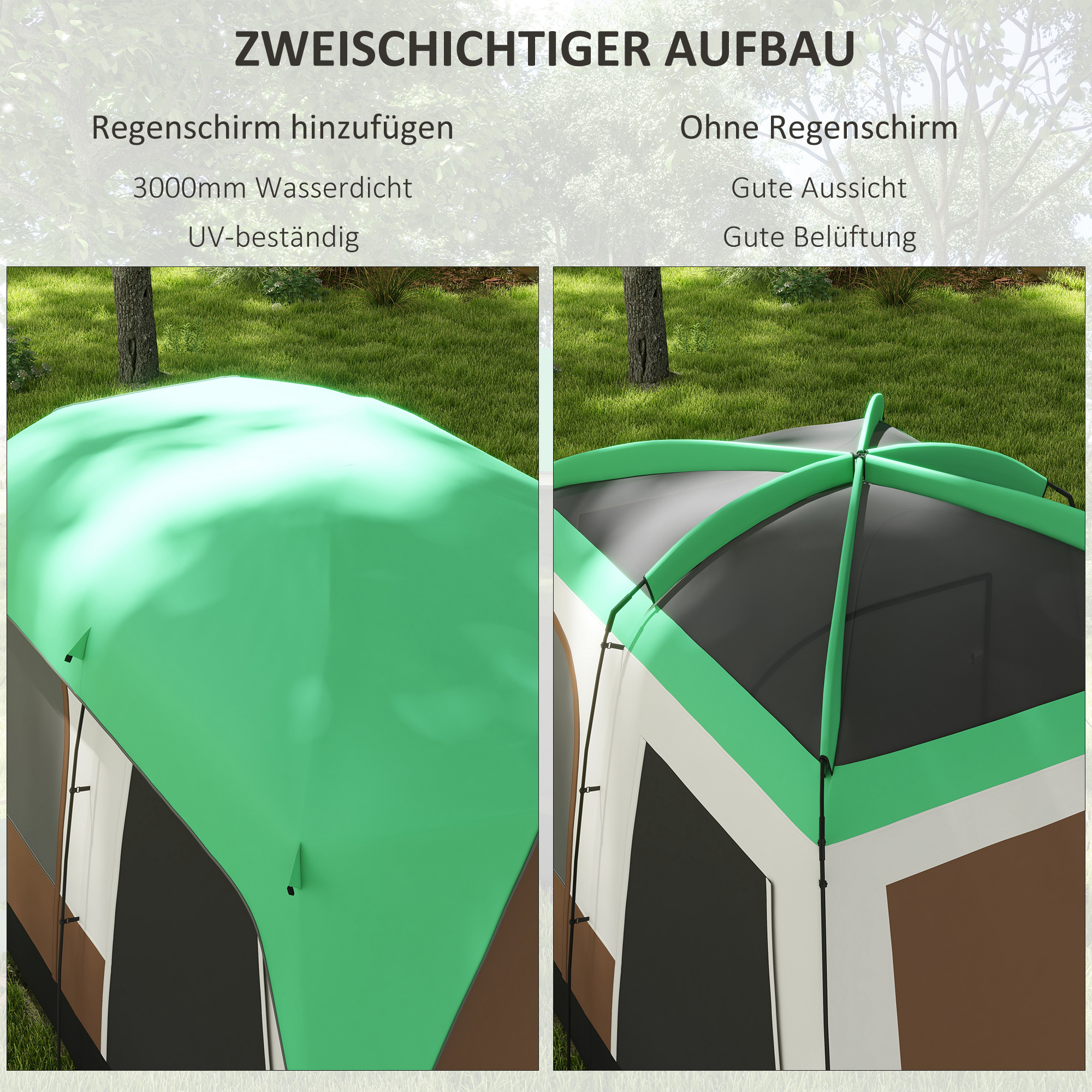 Zwei Bilder, die ein Zelt im Wald zeigen. Eines mit grüner Regenhülle, das andere offen.