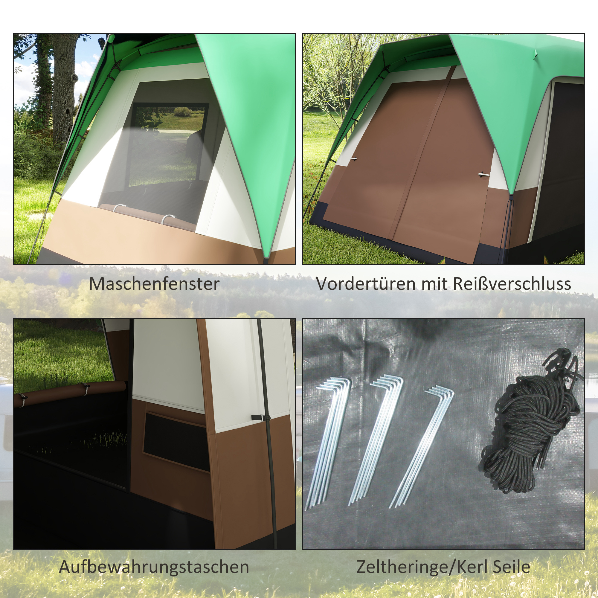 Eine Collage von Bildern eines Zeltes. Es zeigt die Fenster, Türen, Stautaschen und Heringe des Zeltes.