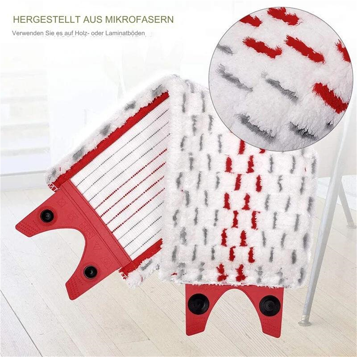Ein Moppkopf mit rotem und weißem Design. Es besteht aus Mikrofaser. Ein vergrößertes Detail wird gezeigt.