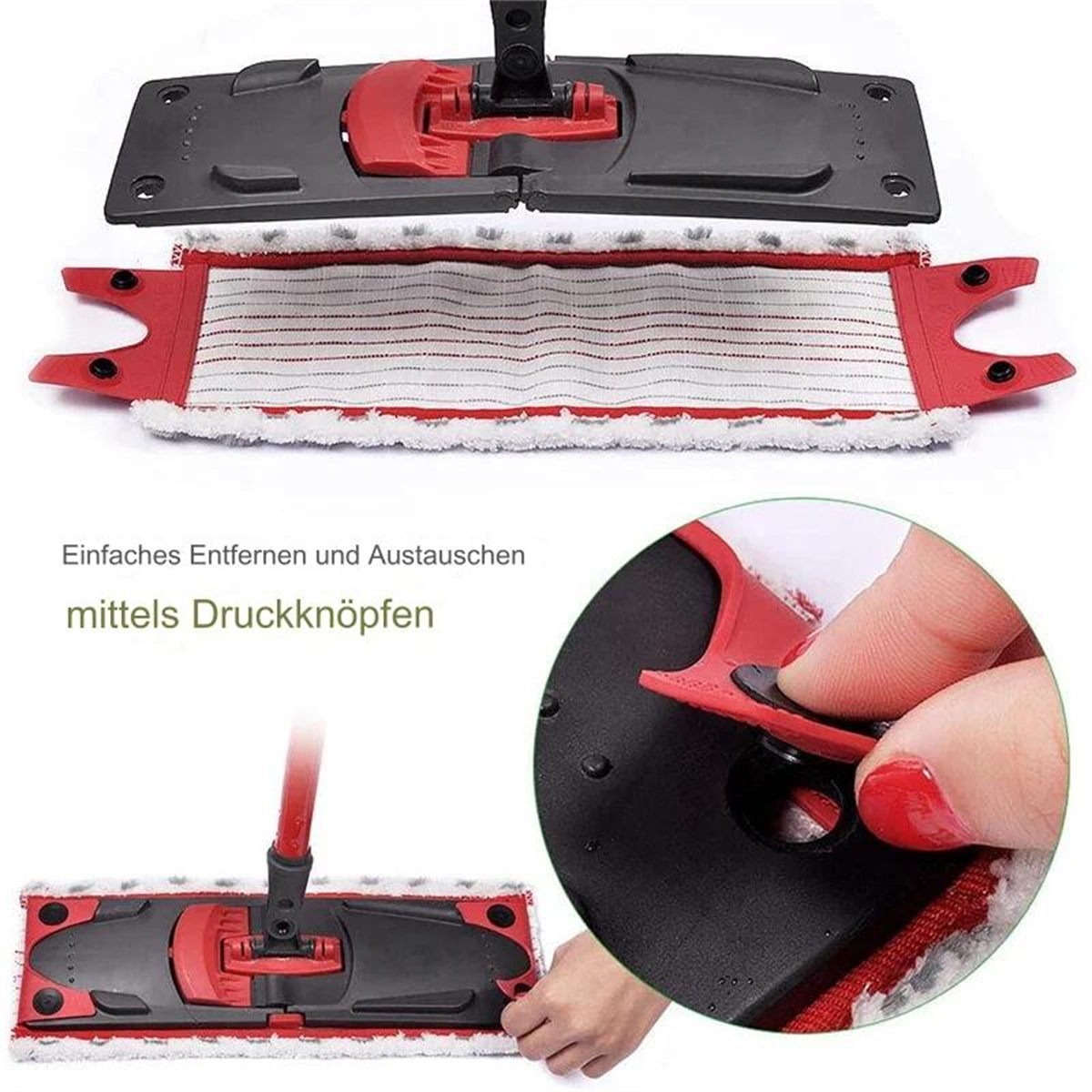 Zwei Wischmopppads, eines wird am Wischmoppkopf befestigt. Das andere ist bereits befestigt.