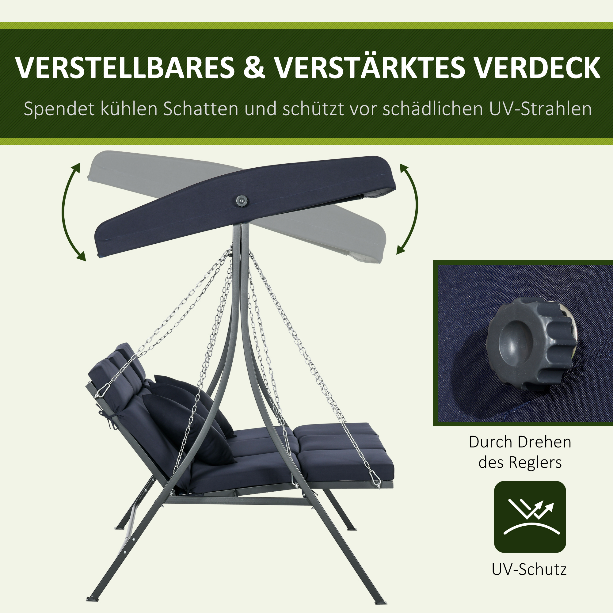 Schaukel mit verstellbarem Verdeck. Zeigt, wie man das Verdeck mit einem Drehknopf einstellt.