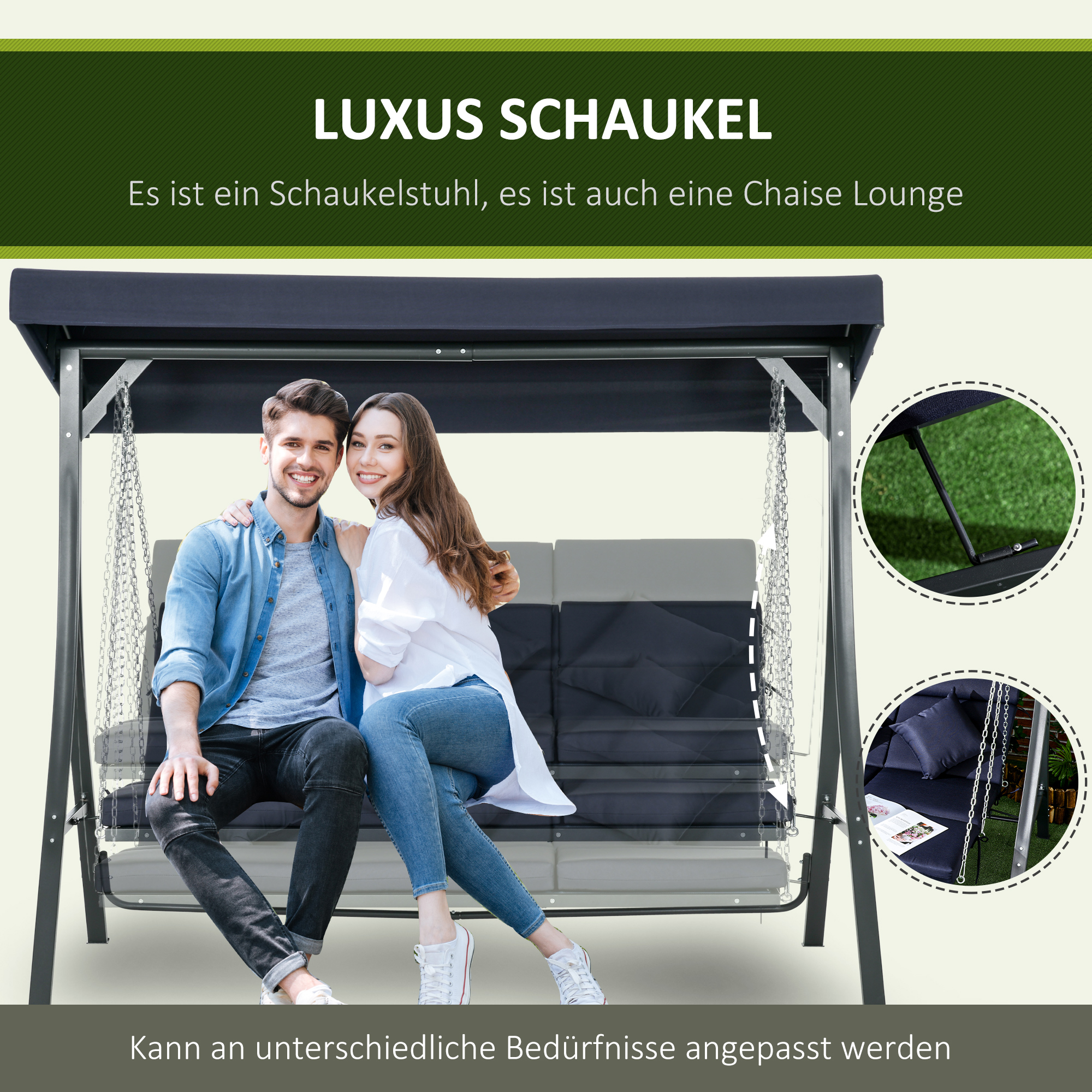 Paar sitzt auf einer Schaukel. Schaukel hat schwarzes Verdeck, Kissen und silberne Ketten.