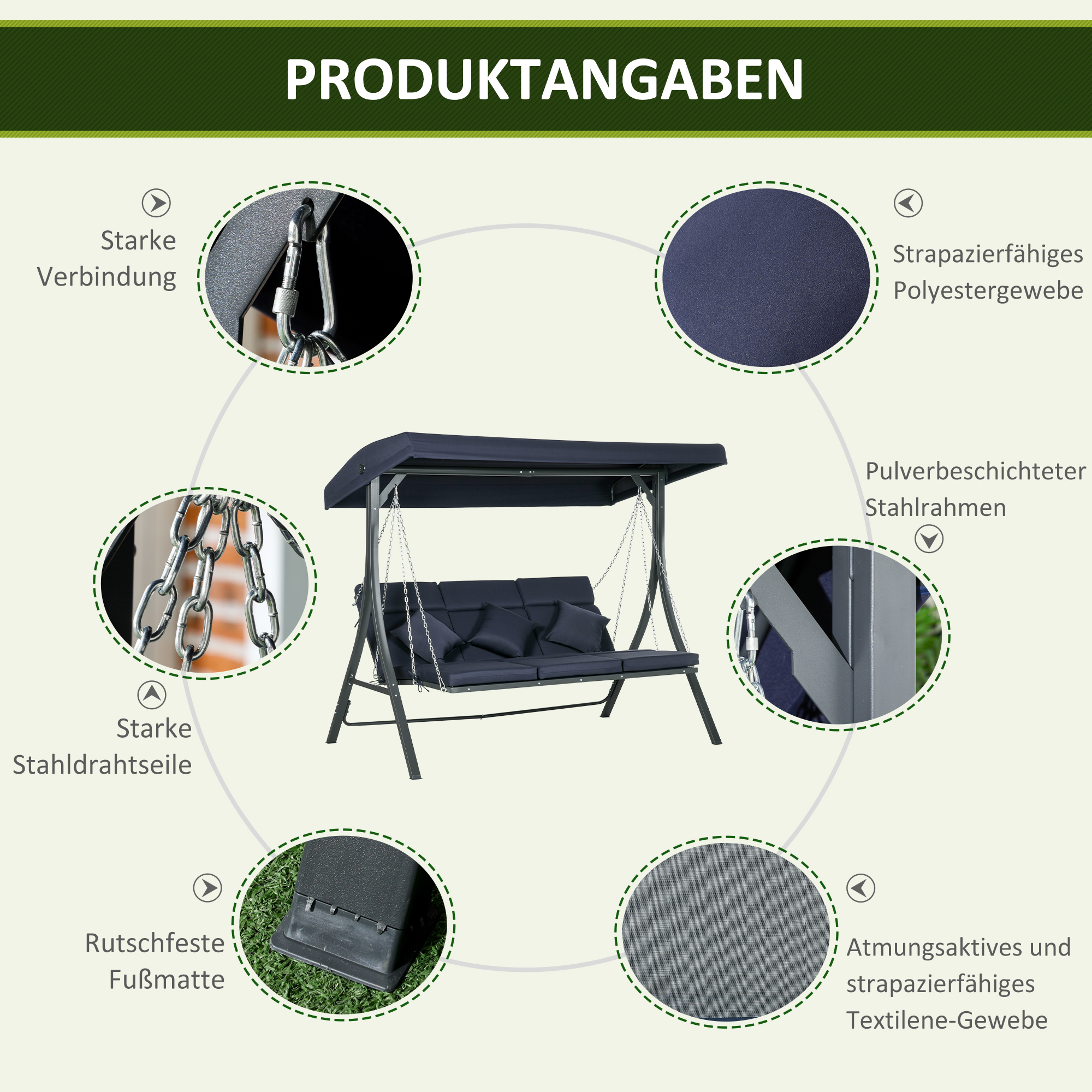 Schaukel mit Produktdetails. Zeigt starke Verbindungen, Stahldrahtseile und atmungsaktiven Stoff.