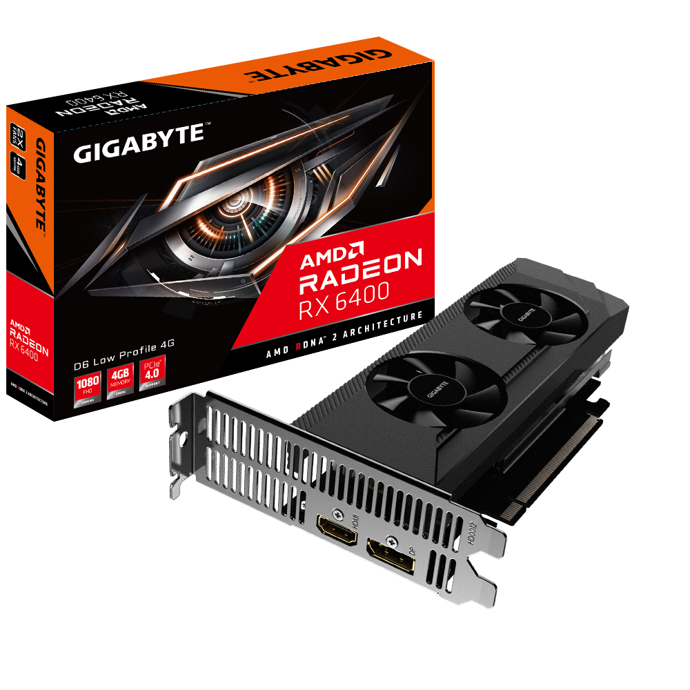 Una scheda grafica e la sua scatola. La scatola ha il logo Gigabyte e il marchio AMD Radeon RX 6400.