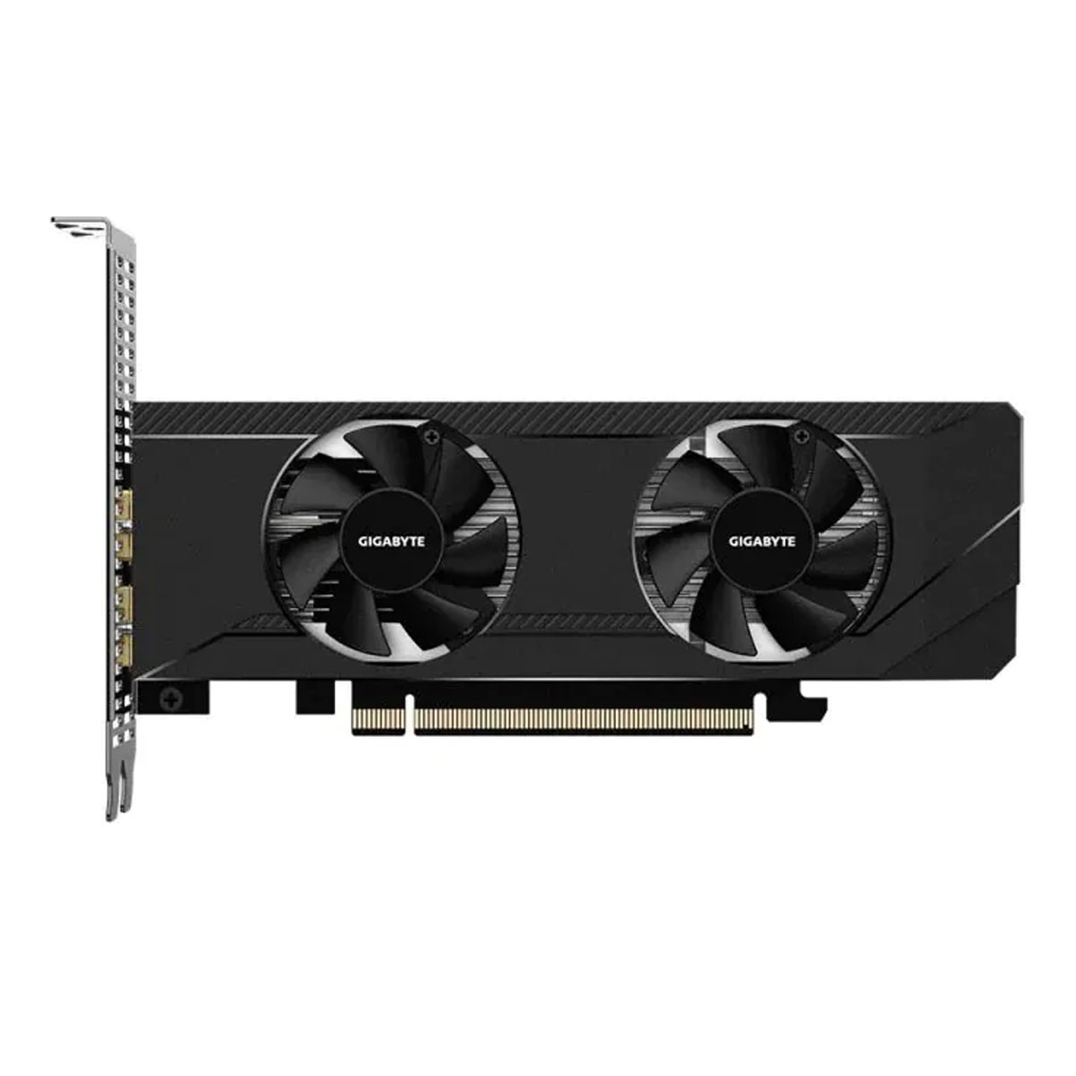Scheda grafica nera con due ventole e il logo Gigabyte.