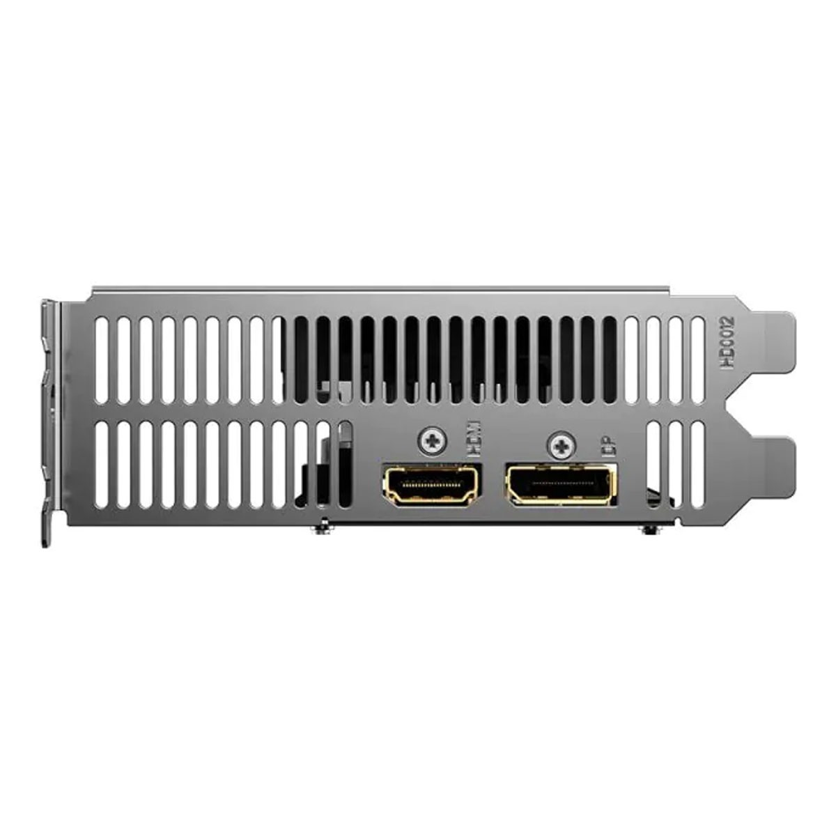 Vista posteriore di una scheda grafica con più porte. Ha porte HDMI e DP. La scheda ha una staffa argentata.