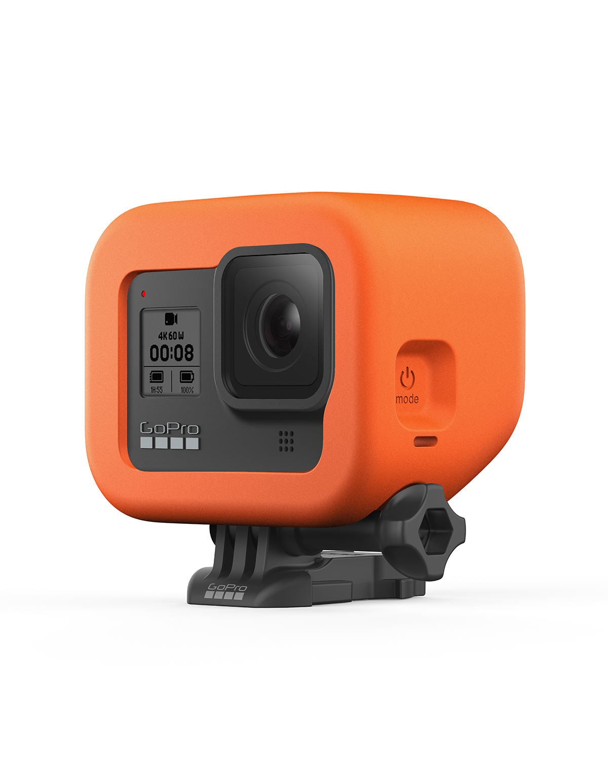 Una cámara GoPro naranja con un soporte negro sobre fondo blanco.