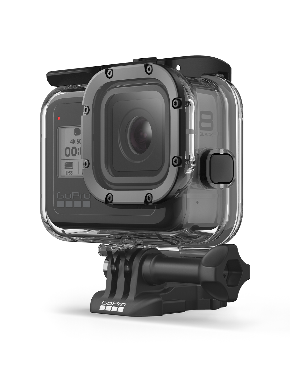 Una cámara GoPro en una carcasa impermeable transparente sobre fondo blanco.