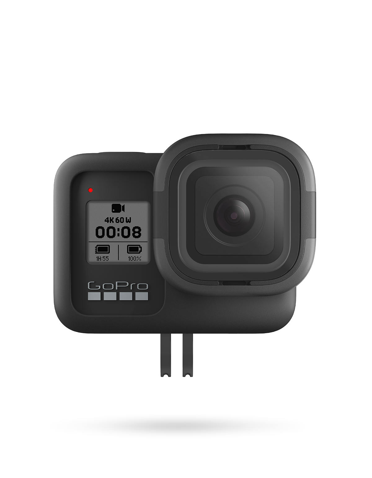 Cámara GoPro negra con pantalla que muestra la hora y configuración.