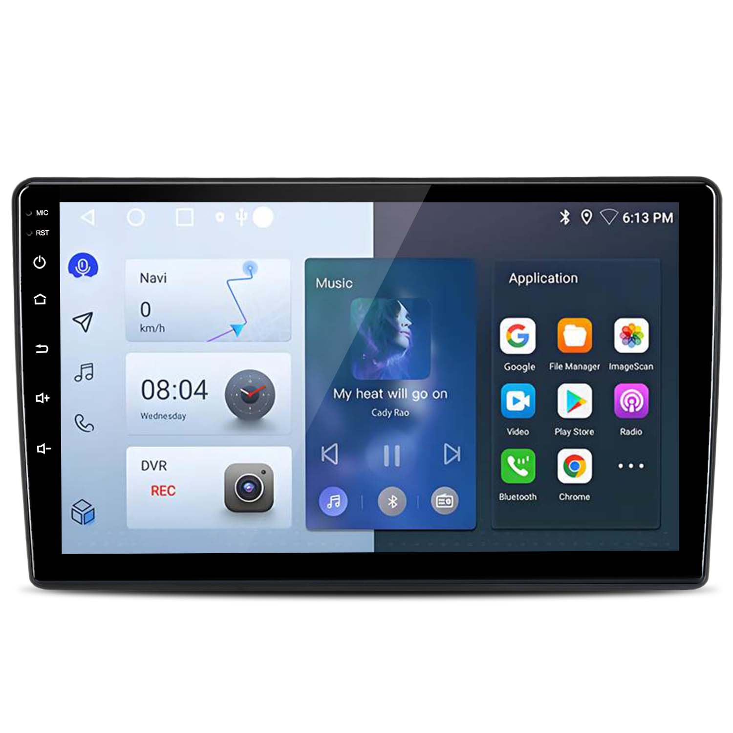 Un'autoradio con display che mostra schermo di navigazione e controlli musicali.