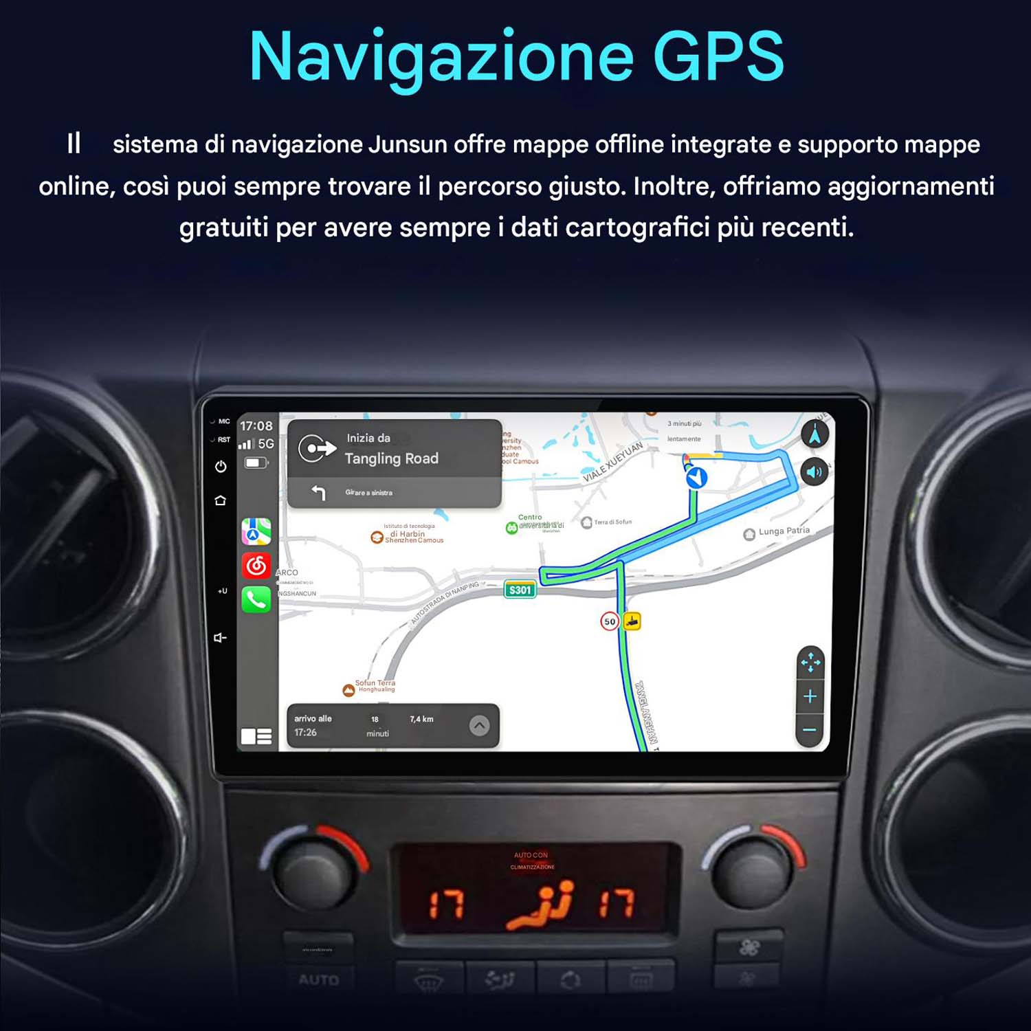 Display dell'autoradio che mostra una mappa di navigazione, con indicazioni e un percorso.