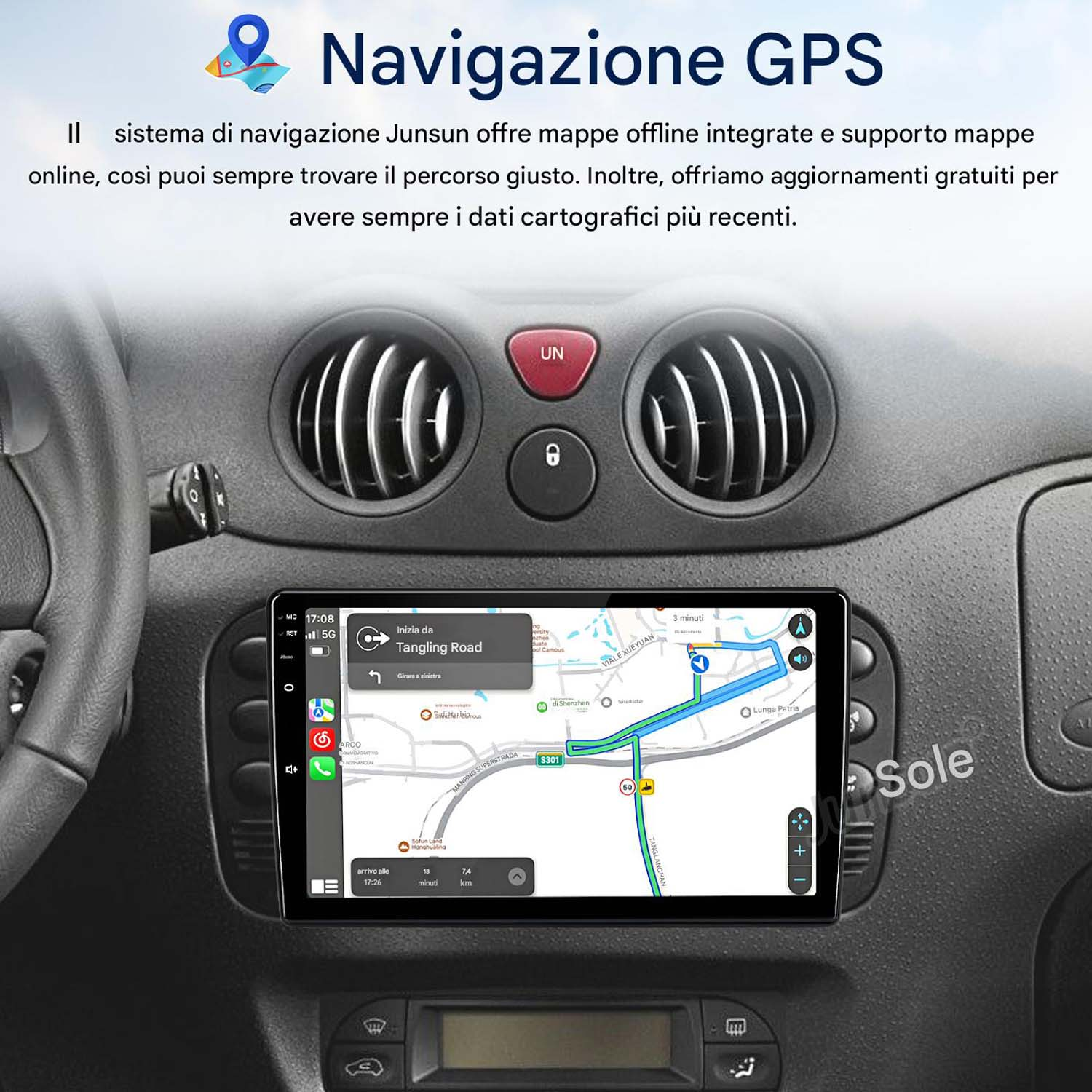 Cruscotto auto con schermo di navigazione che mostra mappa e percorso. Anche l'interno dell'auto è visibile.