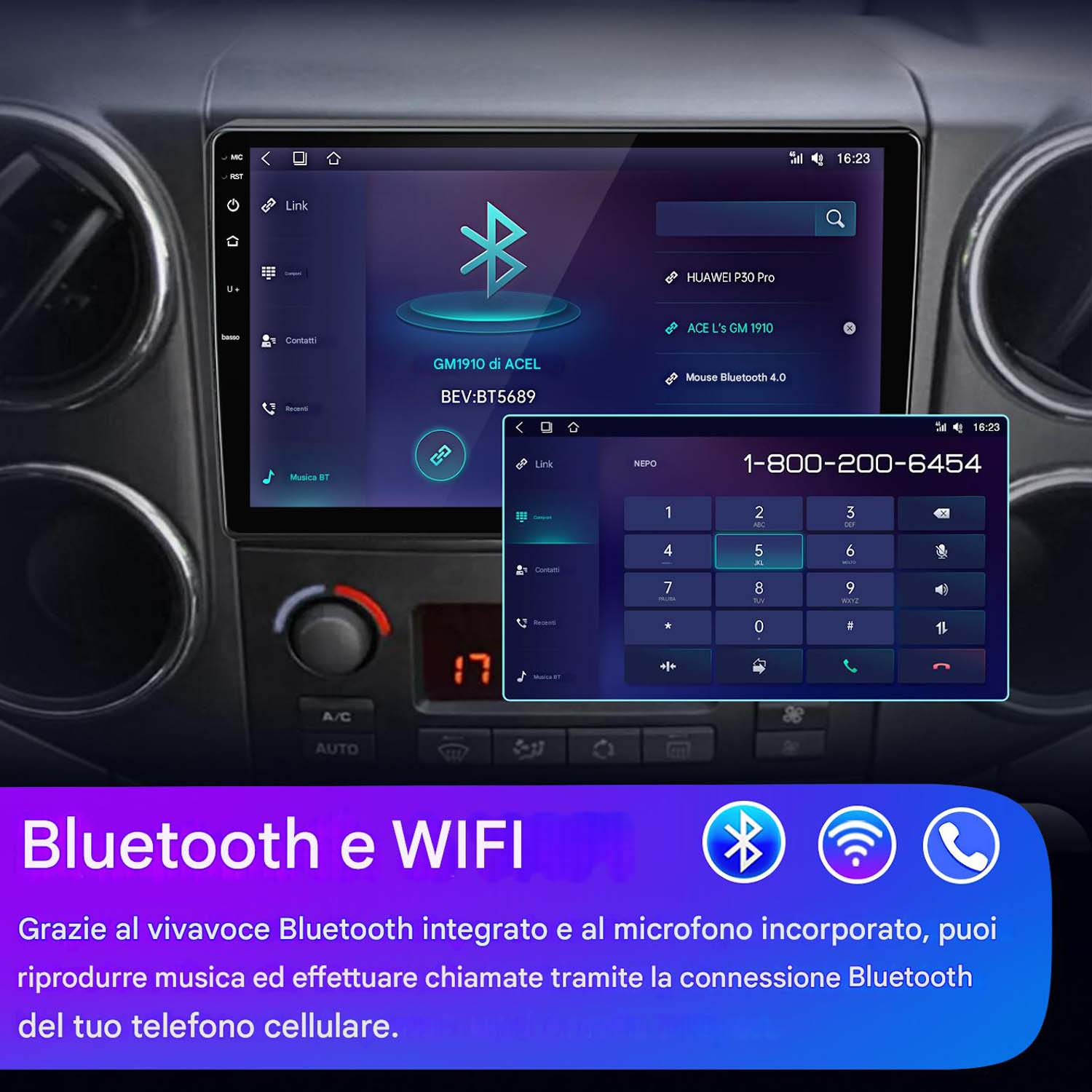 Cruscotto auto con schermo che mostra funzioni Bluetooth e WiFi, con numero di telefono e dettagli dell'interfaccia.