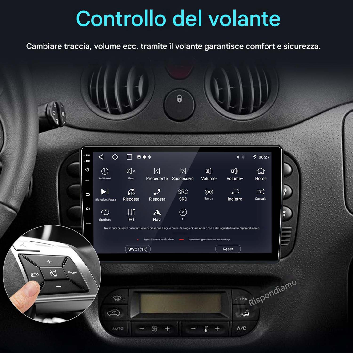 Cruscotto auto con display touchscreen. Controlli su display e volante visibili, con interni auto.