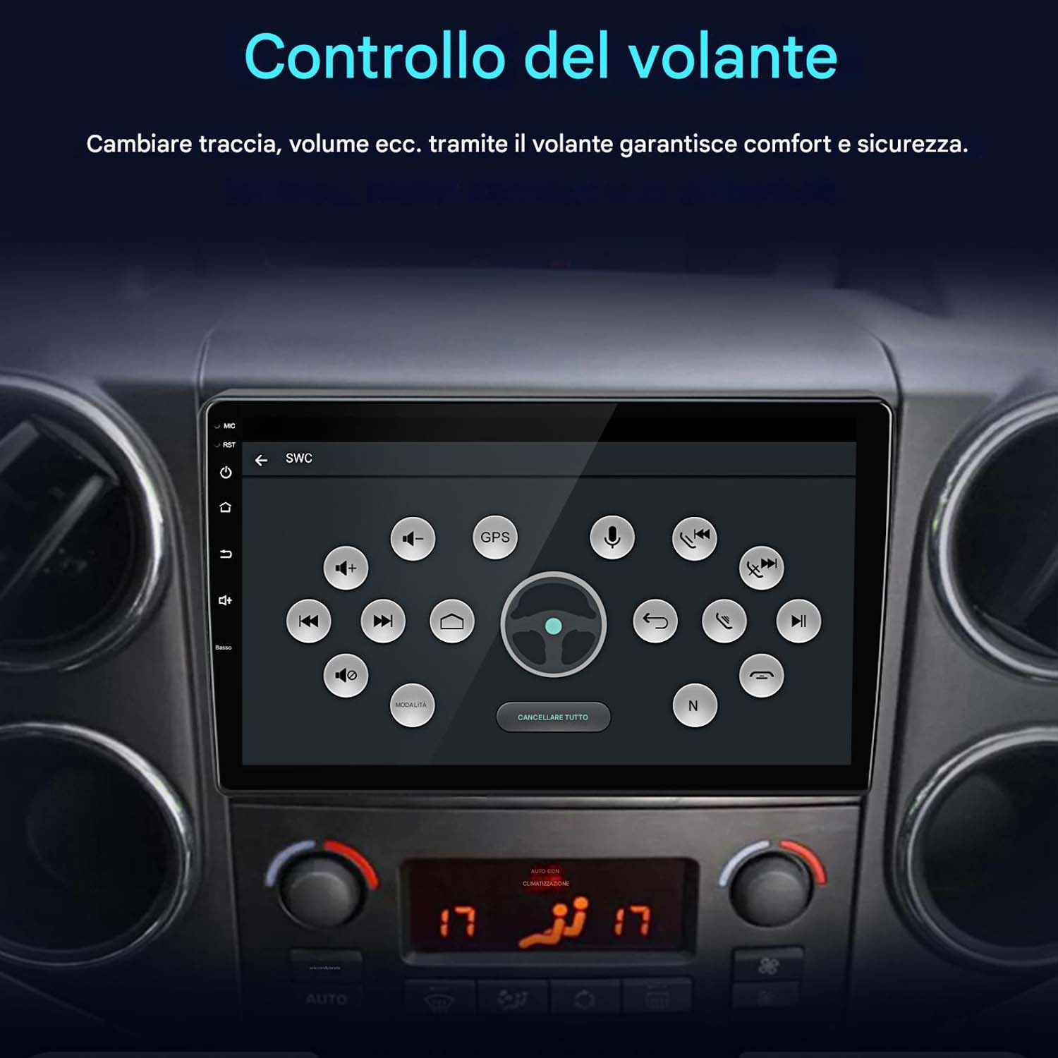 Schermo del cruscotto dell'auto che mostra le opzioni di controllo del volante, con dettagli interni dell'auto visibili.