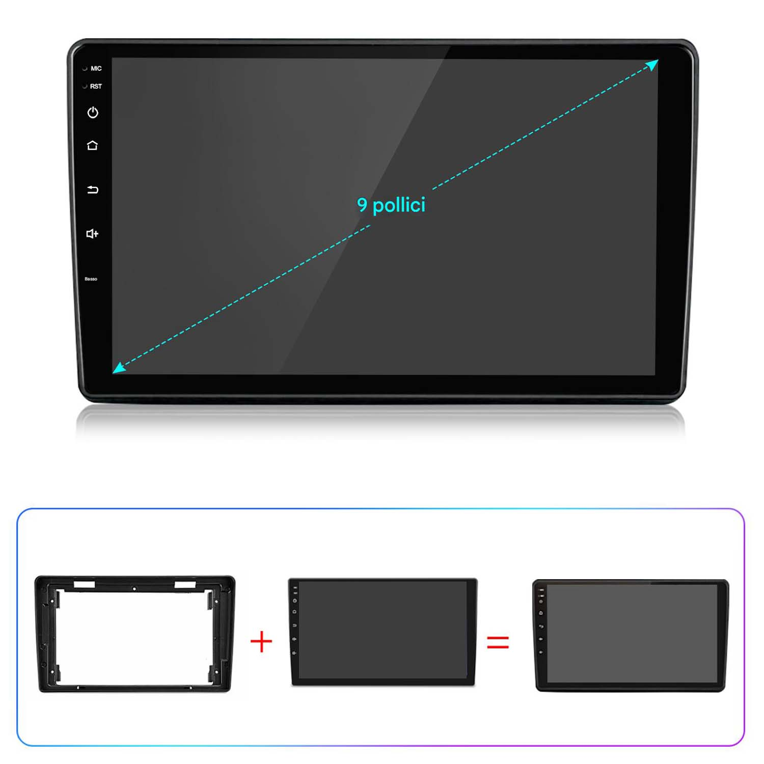 Schermo dell'autoradio con un display da 9 pollici. Mostra lo schermo, il telaio e come assemblarlo.