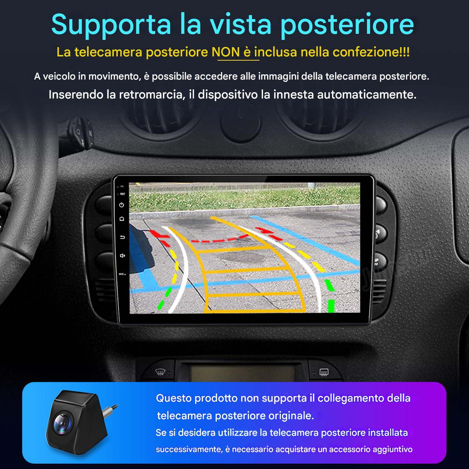 Lo schermo del cruscotto dell'auto mostra la vista della telecamera posteriore. Viene mostrata una piccola telecamera.