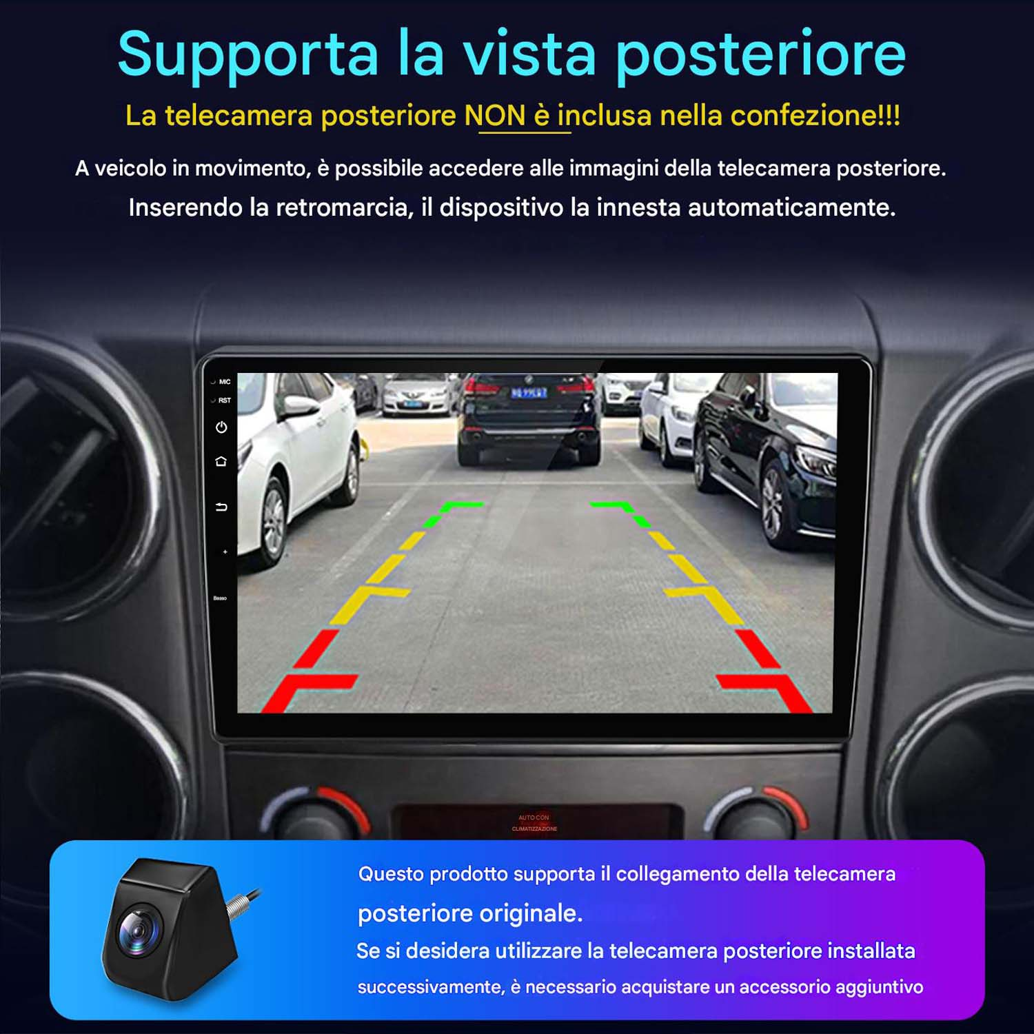 L'immagine mostra lo schermo di retromarcia di un'auto con la visuale della telecamera e le linee guida.