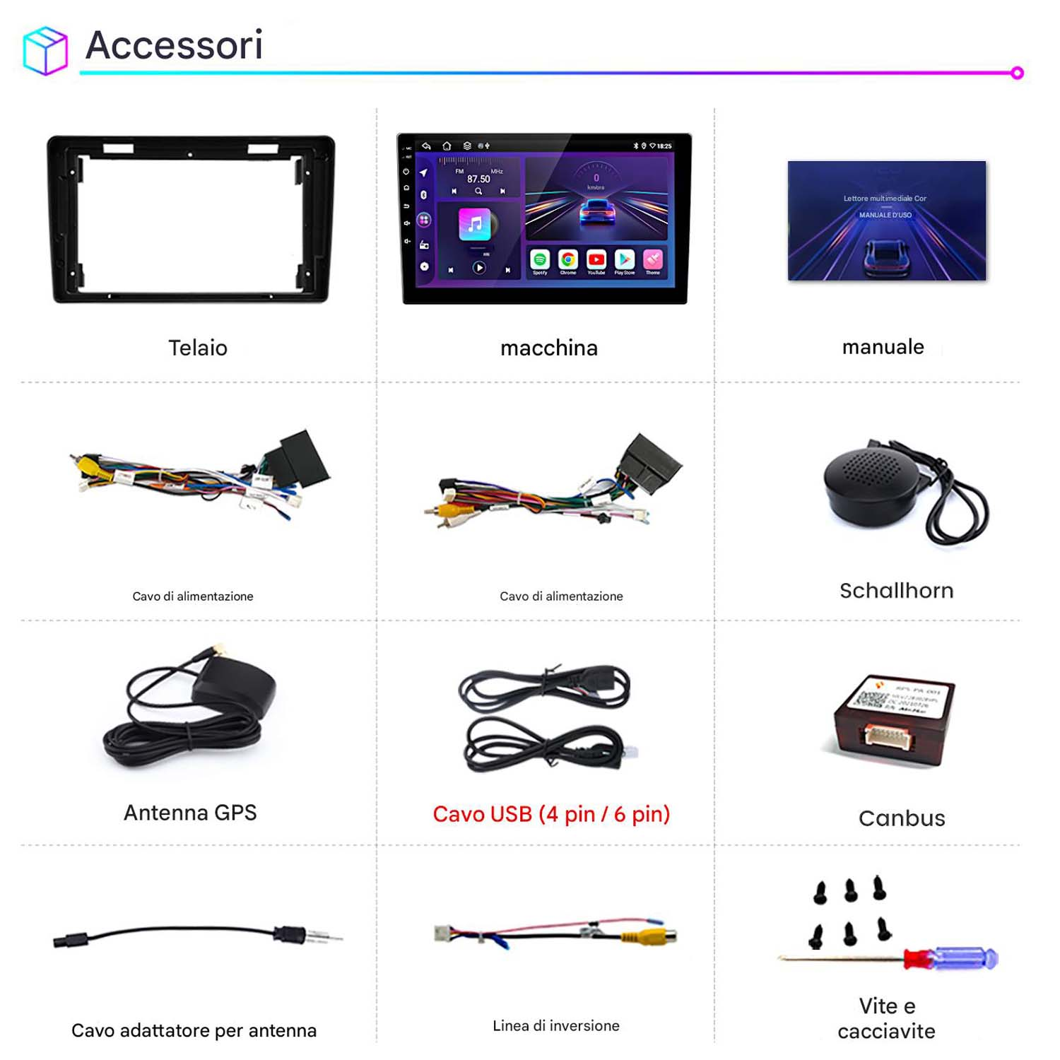 Sono esposti vari accessori per auto, tra cui un telaio, uno schermo e il cablaggio.