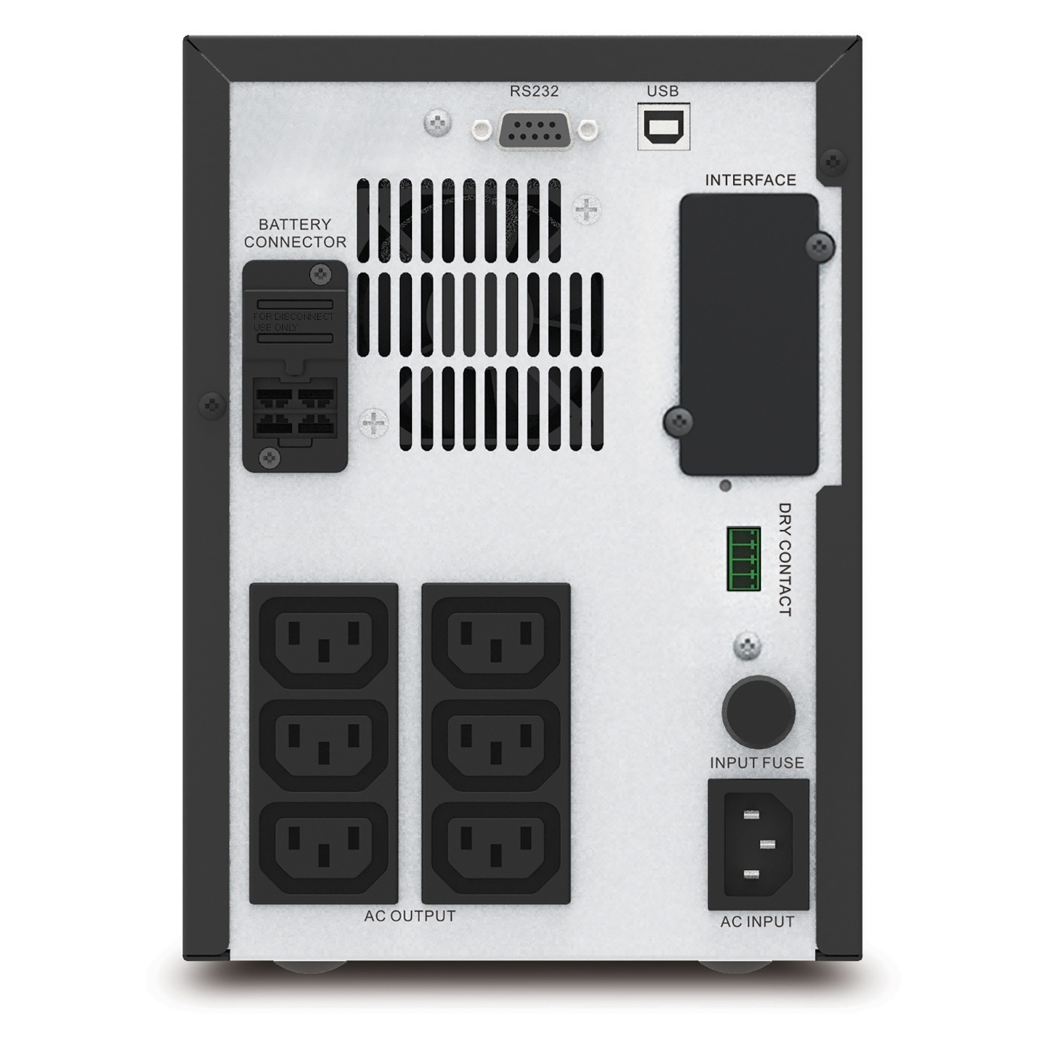 Vue arrière d'un onduleur noir. Il possède divers connecteurs : sortie CA, entrée CA, USB, RS232 et connecteur de batterie. Il y a aussi une interface.
