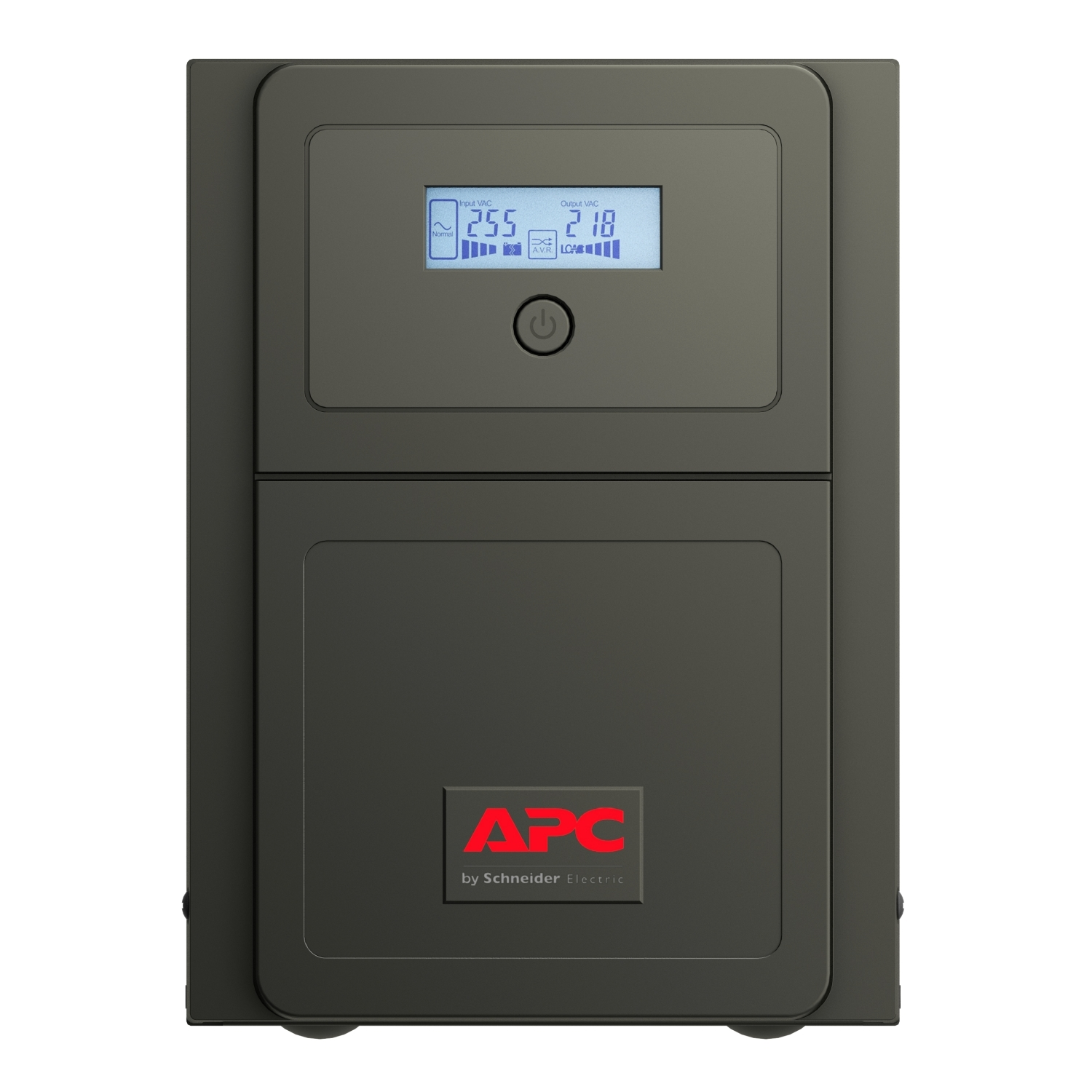 Un appareil APC UPS noir avec un affichage numérique indiquant la tension et un bouton d'alimentation.
