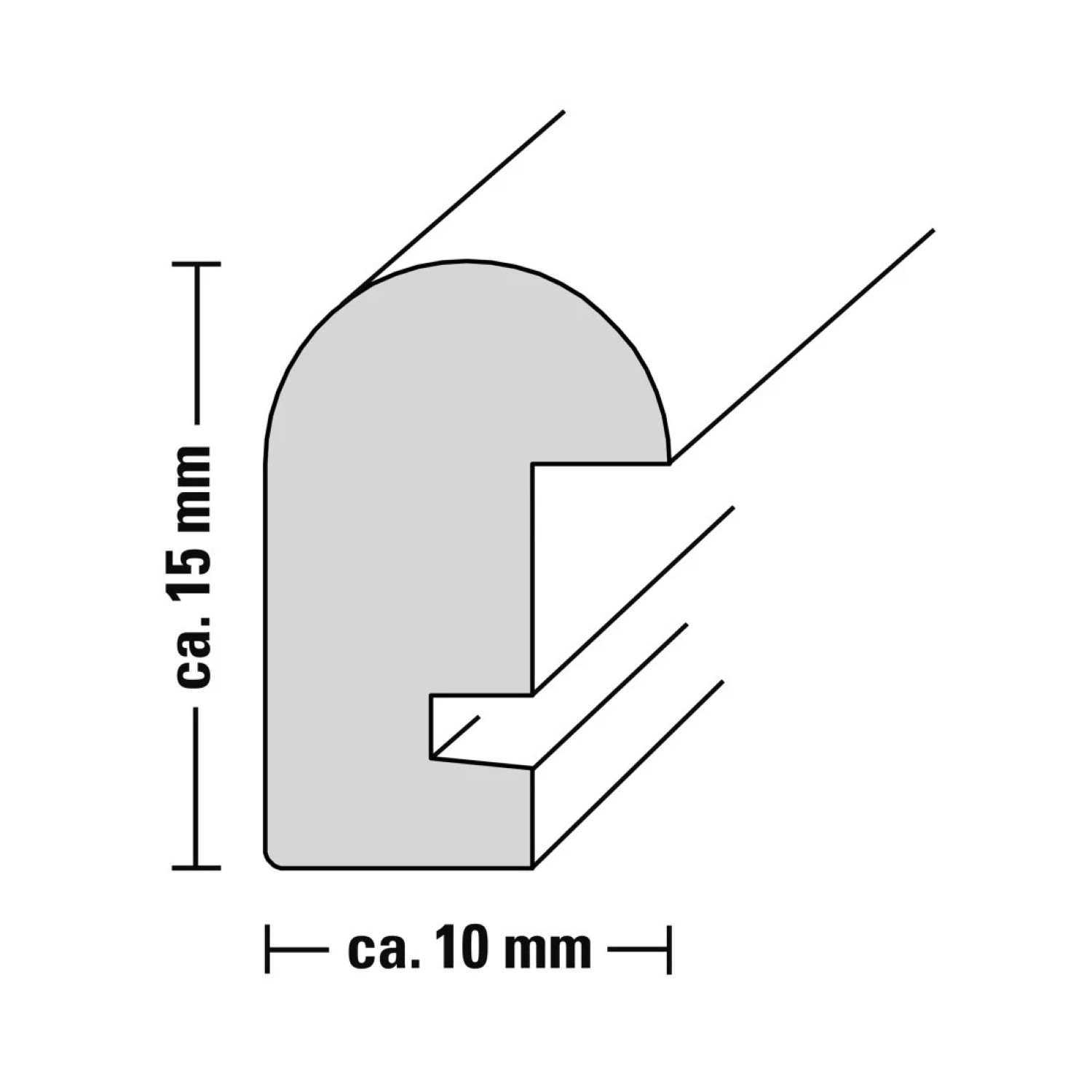 Querschnittsdiagramm eines Holzrahmenprofils mit Abmessungen von 15 mm und 10 mm.