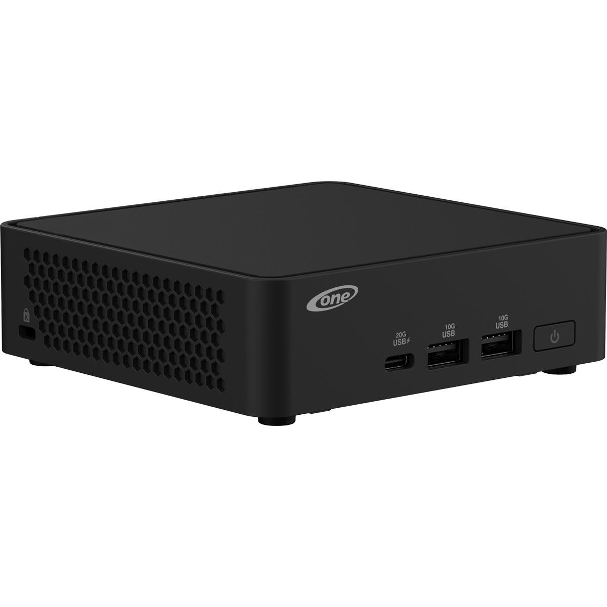 Schwarzer Mini-Computer mit wabenförmiger Seitenlüftung, Anschlüssen und Netzschalter. 'One'-Logo.