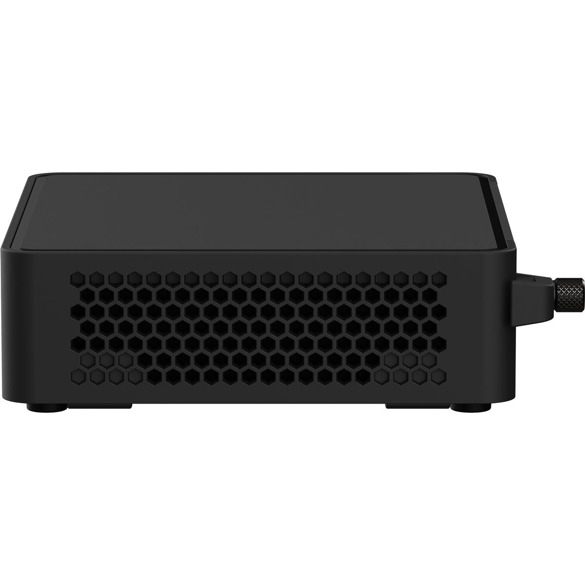 Seitenansicht eines schwarzen Mini-Computers mit Wabenbelüftung. Mit Netzschalter und schraubenartigem Anschluss.