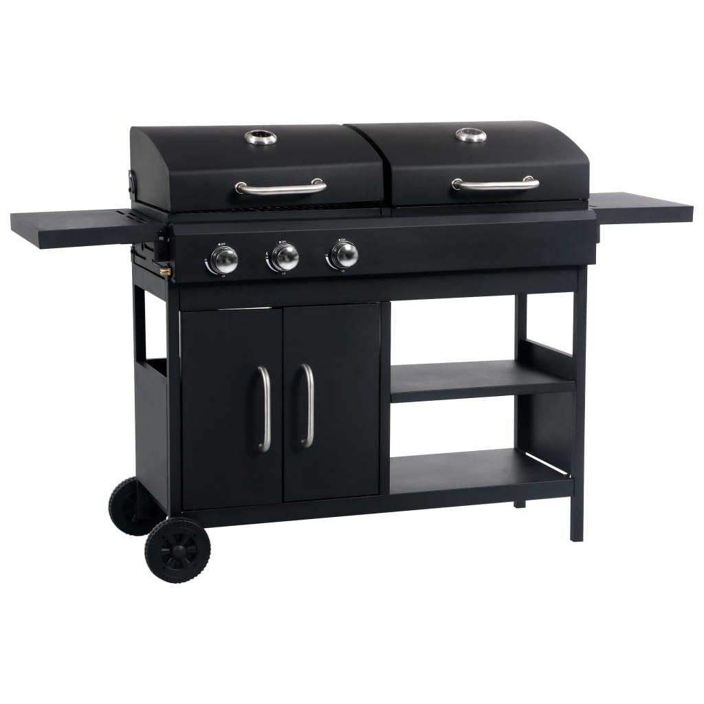 Un barbecue nero con armadietti e tavolini si trova su uno sfondo bianco.