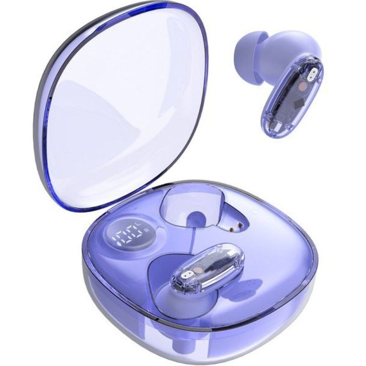 Auricolari viola e custodia di ricarica con display digitale che mostra i livelli della batteria.