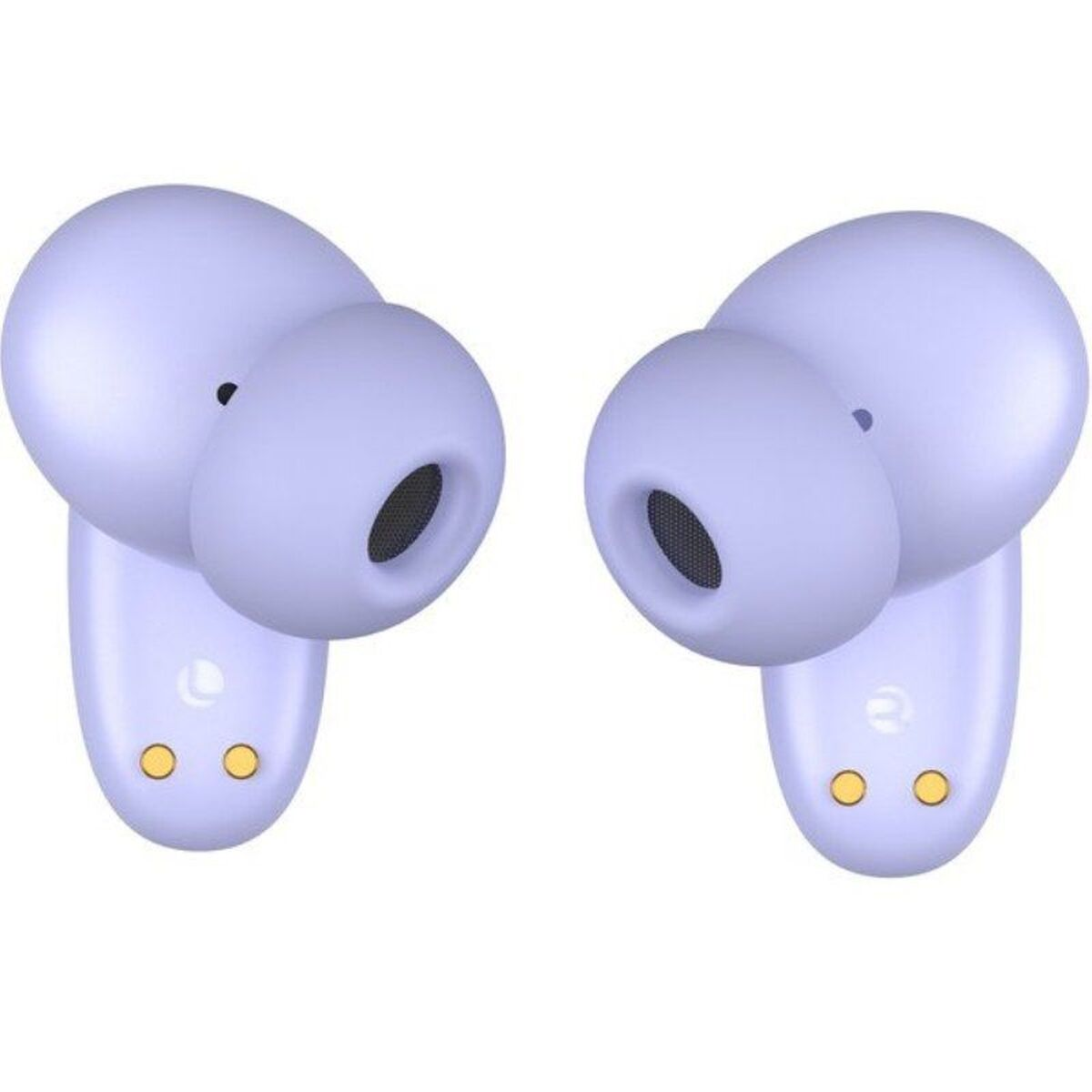 Due auricolari viola chiaro, isolati su sfondo bianco, vista ravvicinata.
