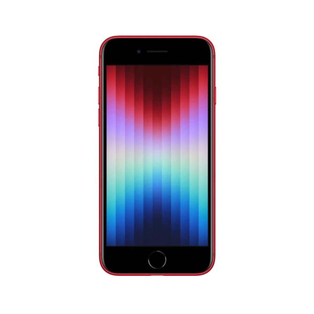 Uno smartphone rosso con uno schermo colorato. È su uno sfondo bianco.
