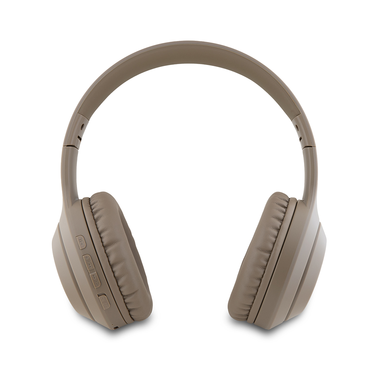Cuffie over-ear GUESS color talpa con pulsanti sull'orecchio sinistro, su bianco.