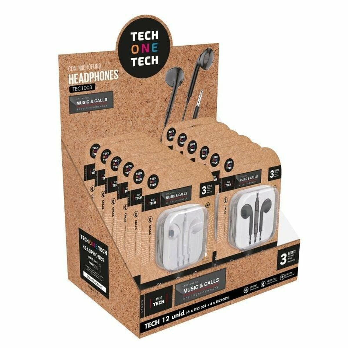 Un espositore di cuffie con il marchio 'TECH ONE TECH' visibile sulla scatola.