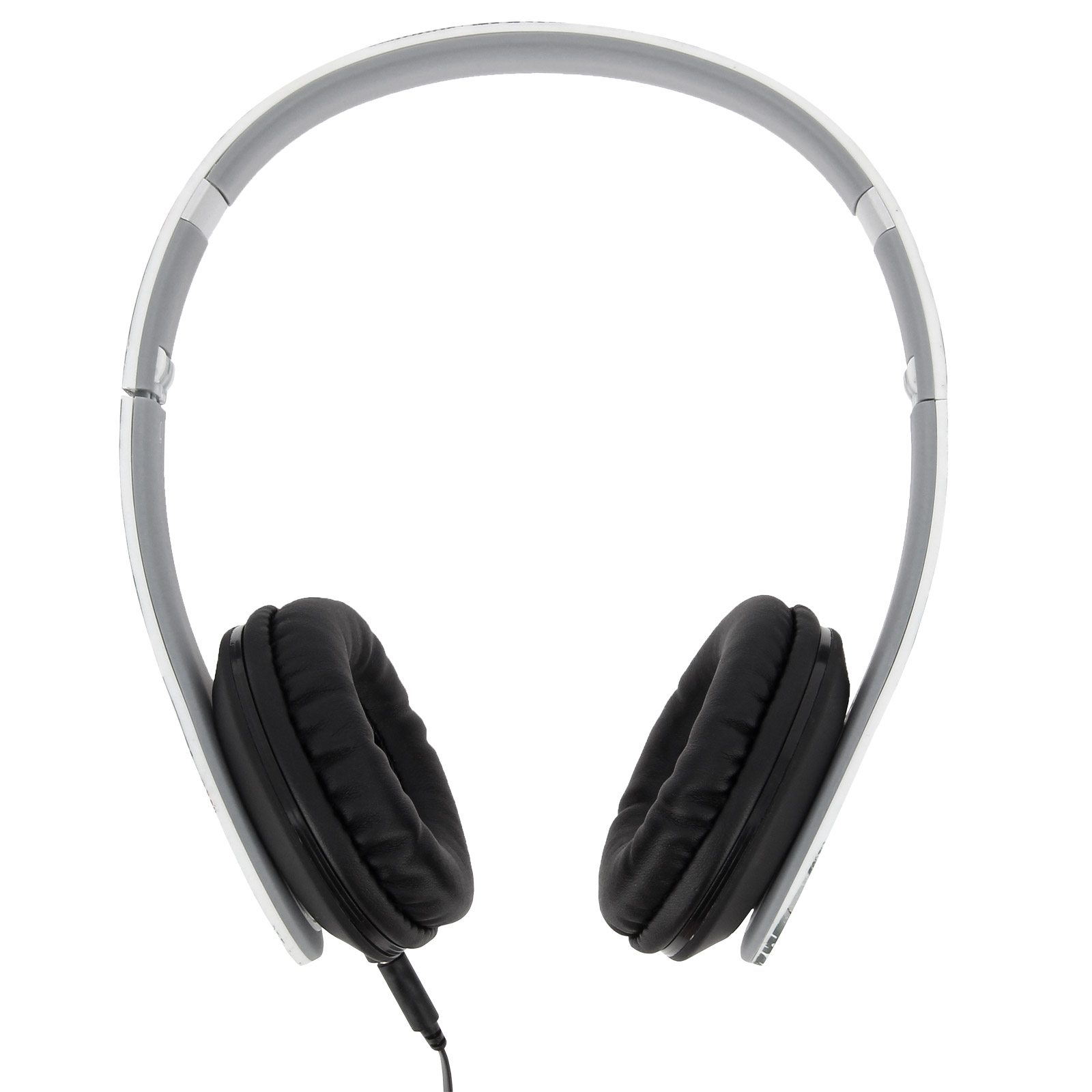 Casque blanc avec oreillettes noires. L'arceau est gris. Le cordon est noir.