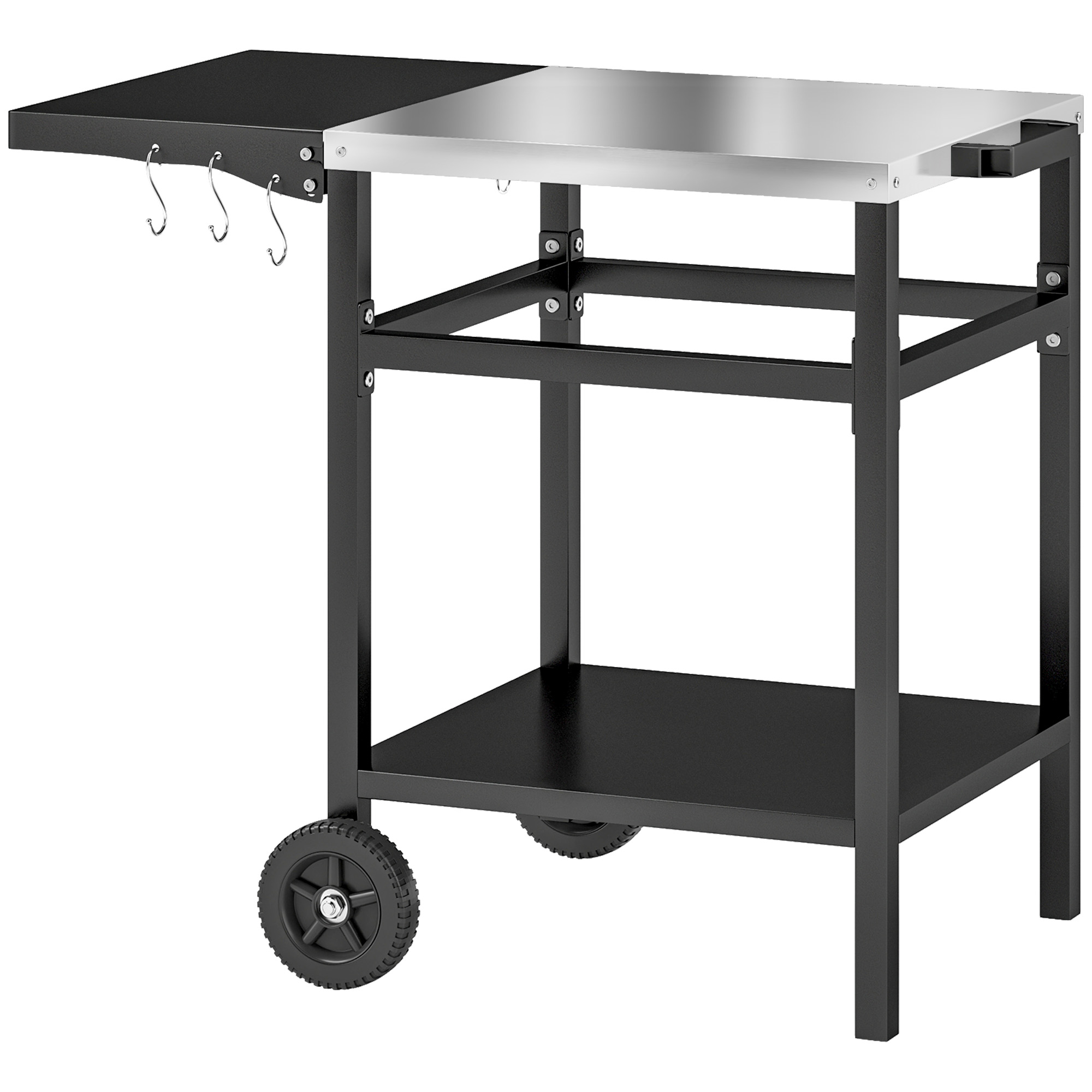 Un carrello nero e argento con un ripiano laterale e ganci. Ha ruote e un ripiano inferiore.