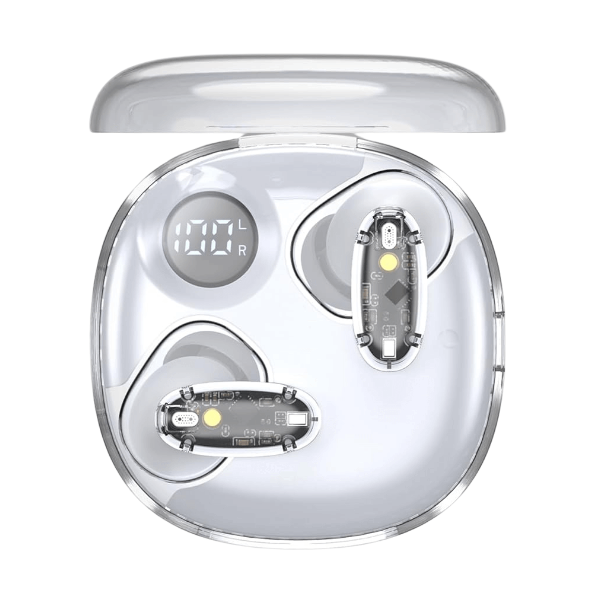 Przezroczyste etui ładujące do bezprzewodowych słuchawek. Etui jest otwarte.