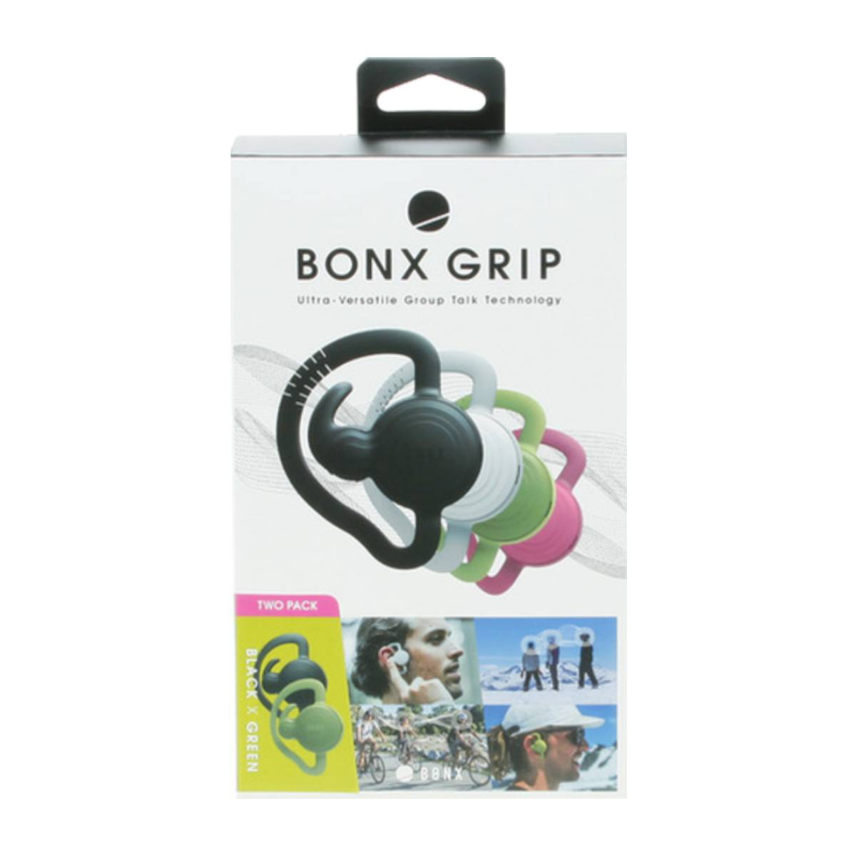 Kopfhörer in einer Box, schwarzes und grünes Design.