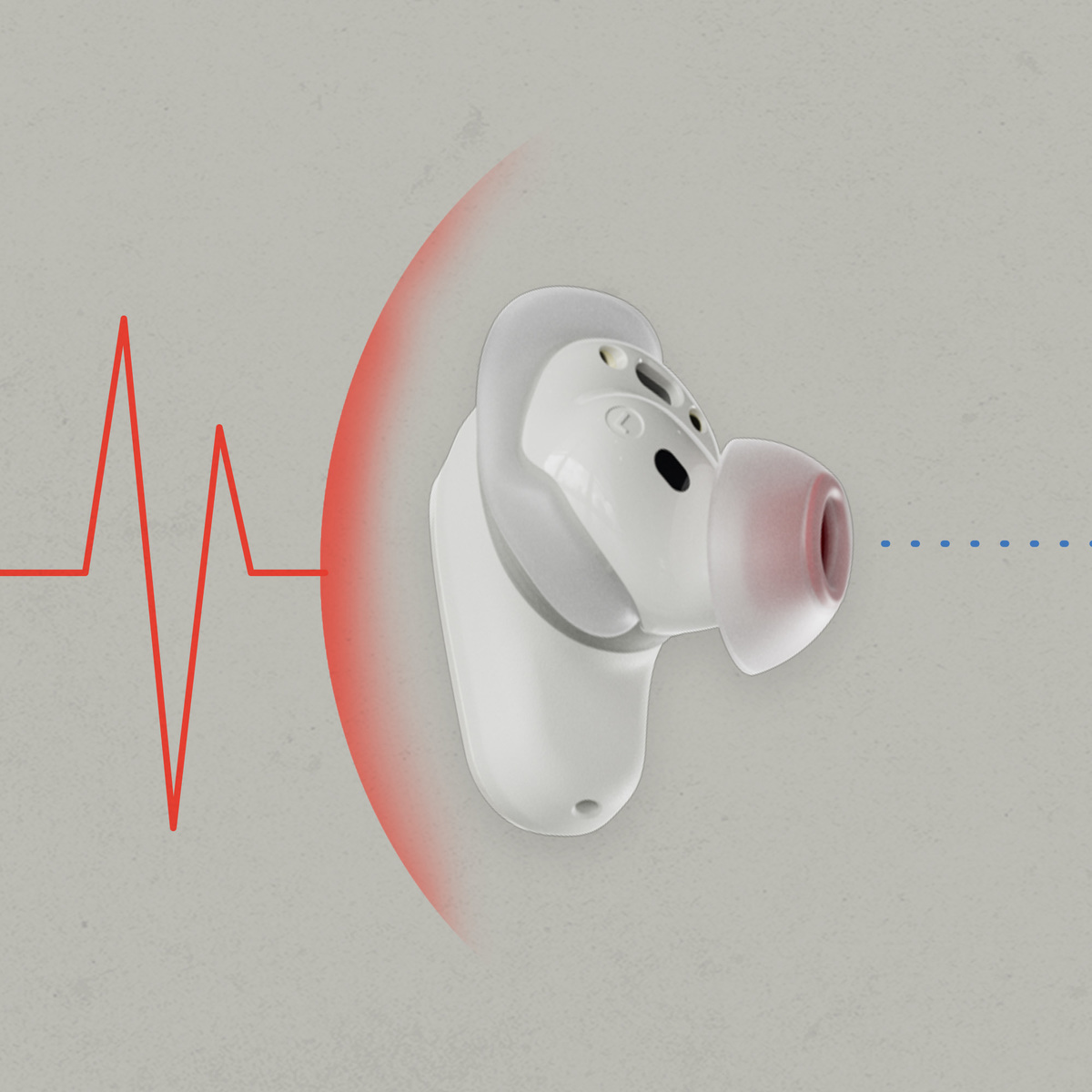 Biała słuchawka z czerwonym akcentem, czerwona fala dźwiękowa.