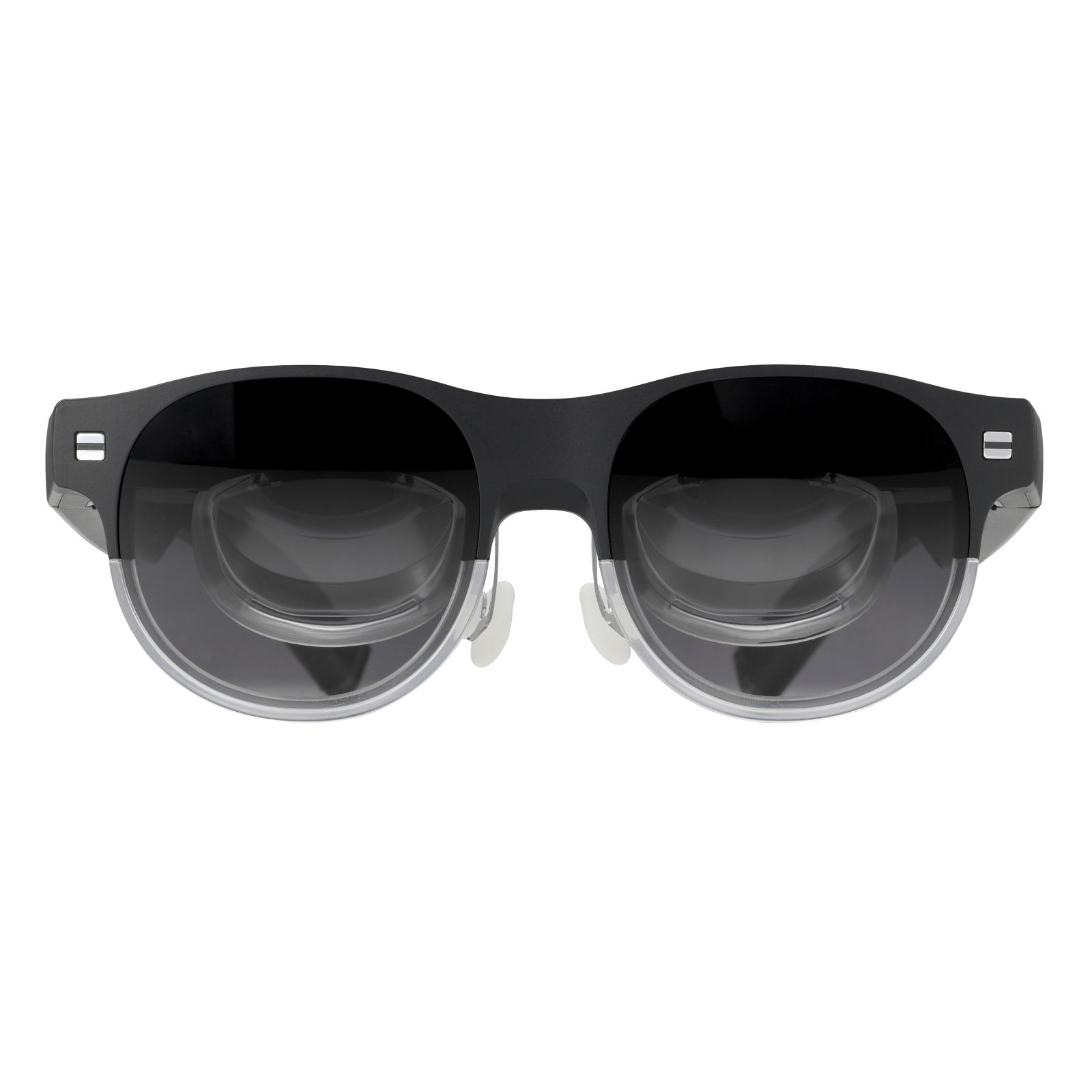 Czarne inteligentne okulary, widok z przodu, przezroczyste soczewki.
