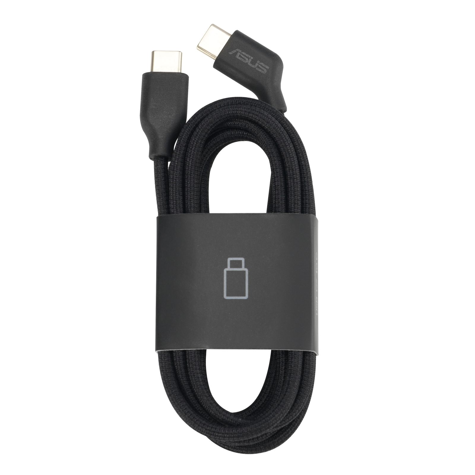 Czarny kabel USB-C z logo ASUS i czarną opaską kablową.