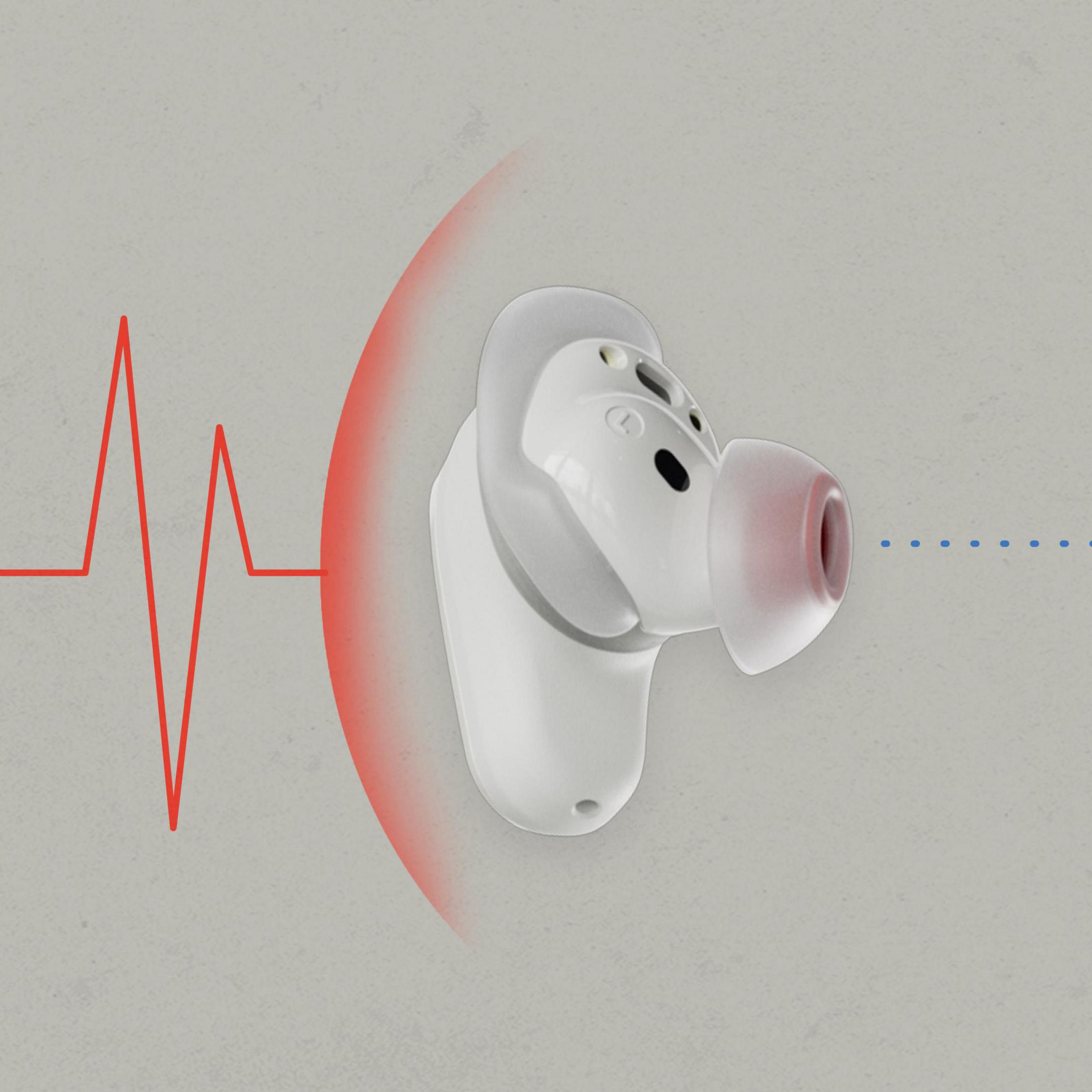 Biała słuchawka z czerwoną końcówką, obok czerwonego wykresu fali dźwiękowej.