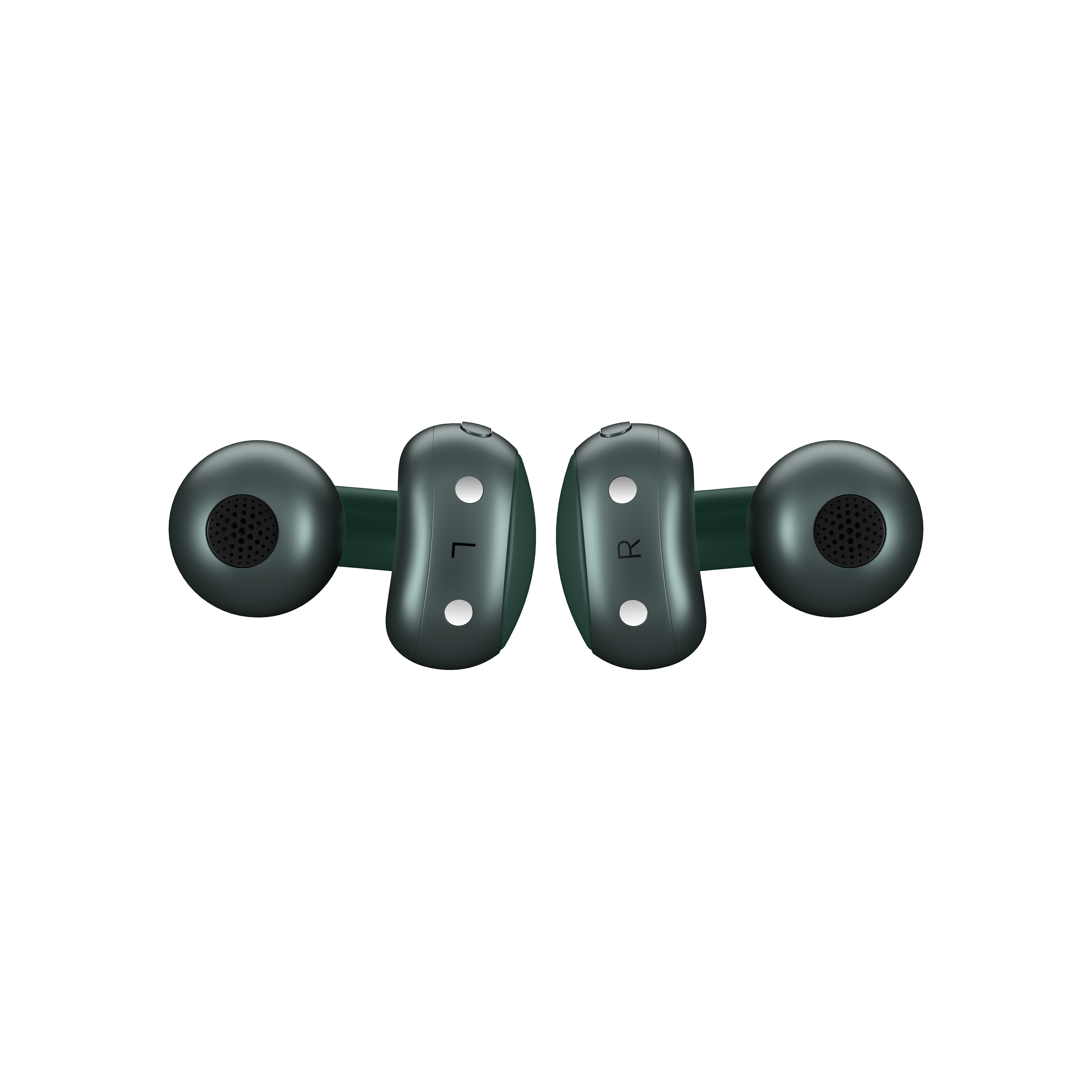 Para ciemnozielonych bezprzewodowych wkładek dousznych jest wyświetlana na białym tle, pokazując oznaczenia „L” i „R”.